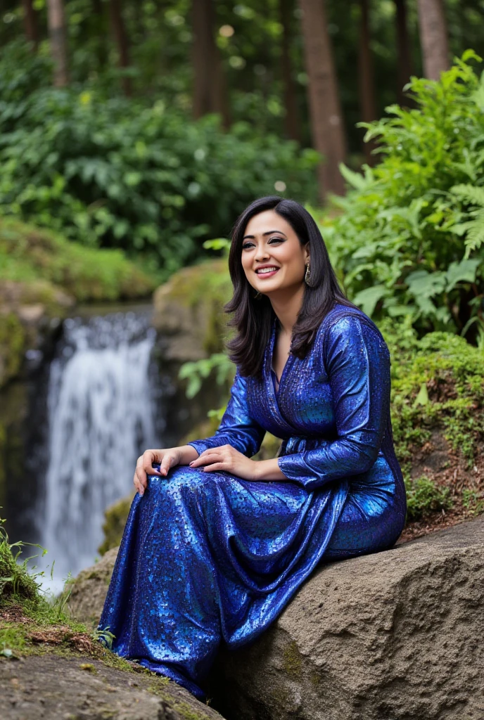 A woman with black hair is seated on a rocky outcrop near a waterfall. She's wearing a shimmering blue dress that catches the light, suggesting it might be made of sequins or a similar reflective material. Her expression is one of contentment as she gazes off to the side, her smile soft and inviting. The background features a lush green forest with ferns and other foliage visible, adding a sense of tranquility to the scene. aidmaHyperrealism