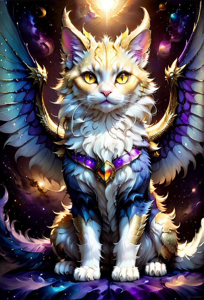 full body, feral, hybrid between cat and furred dragon, violet and golden fur, wings, horns, chest fluff, paws, fangs, ton back, faded gold eyes, a quadruped creature, detailed fur, intricate textures, detailed background, space, dramatic lighting, muted color palette, cinematic composition, ultra-detailed, 8k, photorealistic, masterpiece. No multiplication. Stained glass wings.