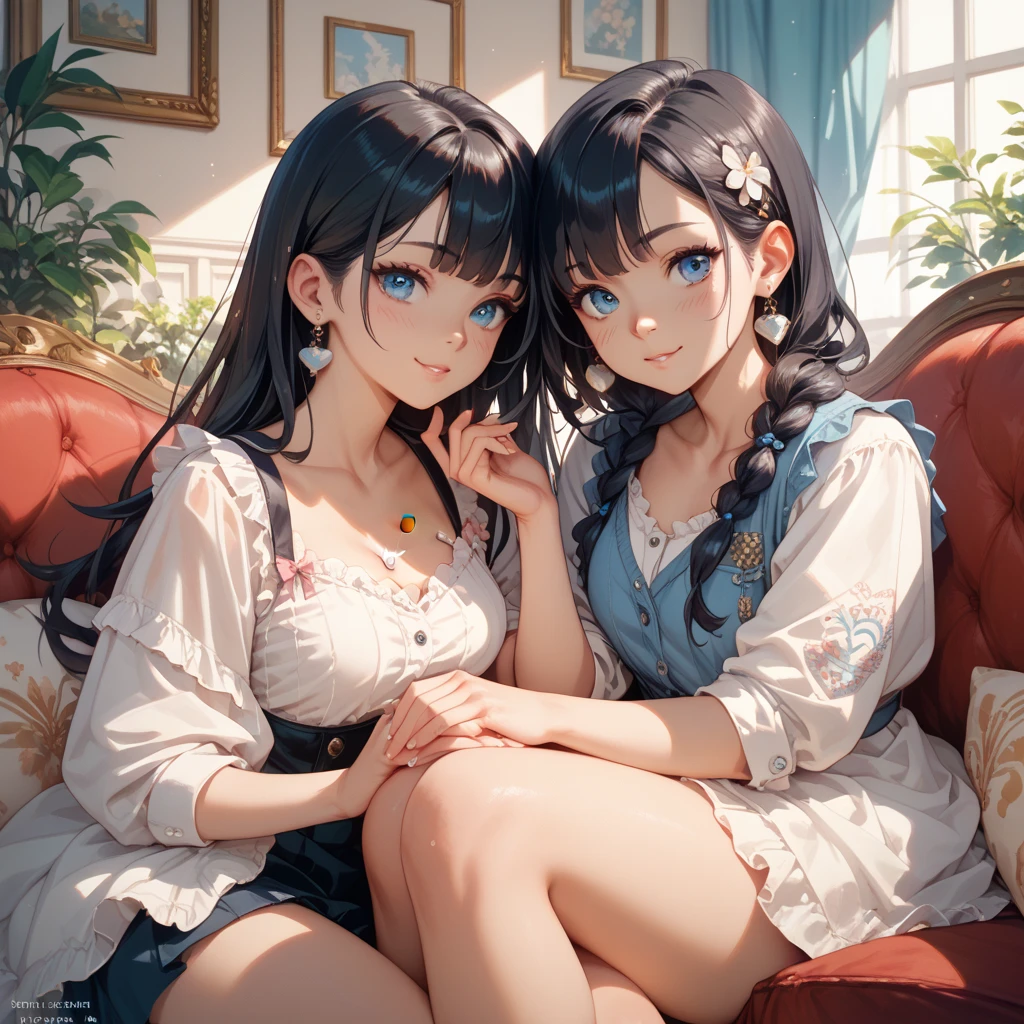 an image of two identical teenage women, one dressed casually and romantically and the other dressed daringly, sitting on a couch together, with black hair, cream skin and blue eyes, one with a cute attitude and the other with a flirtatious attitude.