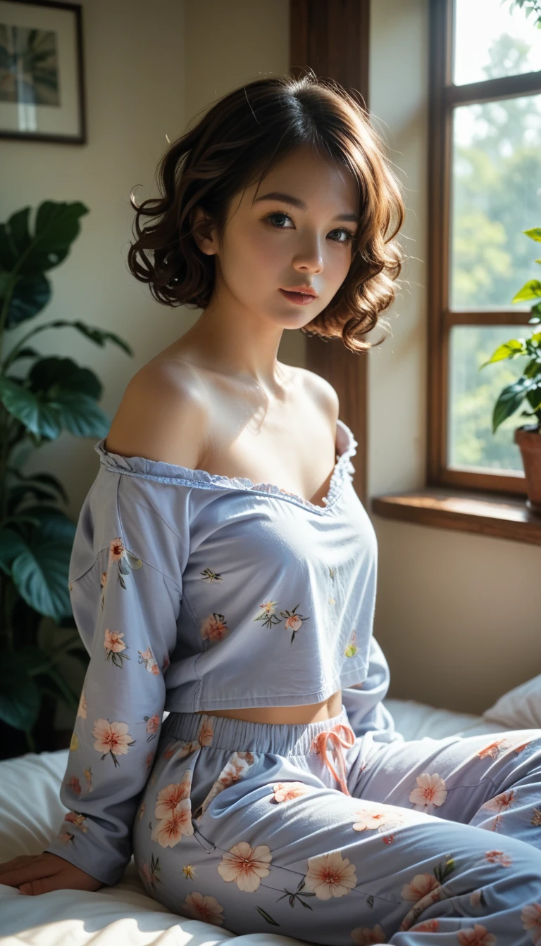 (  Photorealism  :1.2),   beautiful Japanese woman,   short bob with sisters、((( Straight Hair :1.7)))、 sit on the bed,   She wears a loose top with a wide open shoulder line., Pajama pants,  Long Curly Hair, indoor,   Soft Lighting  , Background plants,  Window with sunlight,   cozy room  ,   relaxed attitude in the distant future ,   realistic,   intricate details, Warm colors,