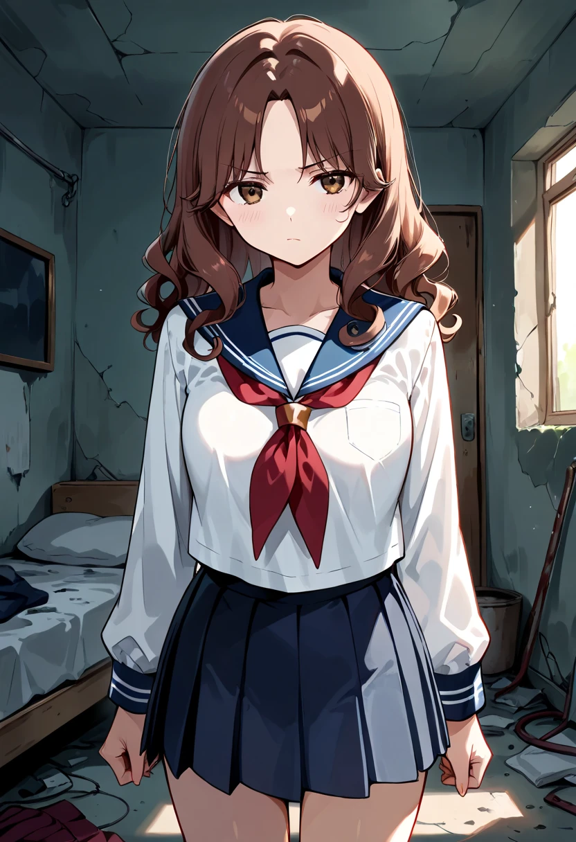  sailor suit,  Long Sleeve ,  RED NECKERCHIEF ,  short pleated skirt ,  Abandoned Bedroom, brown long hair, curly hair, parted bangs, (Short girl), medium breasts,  annoyed