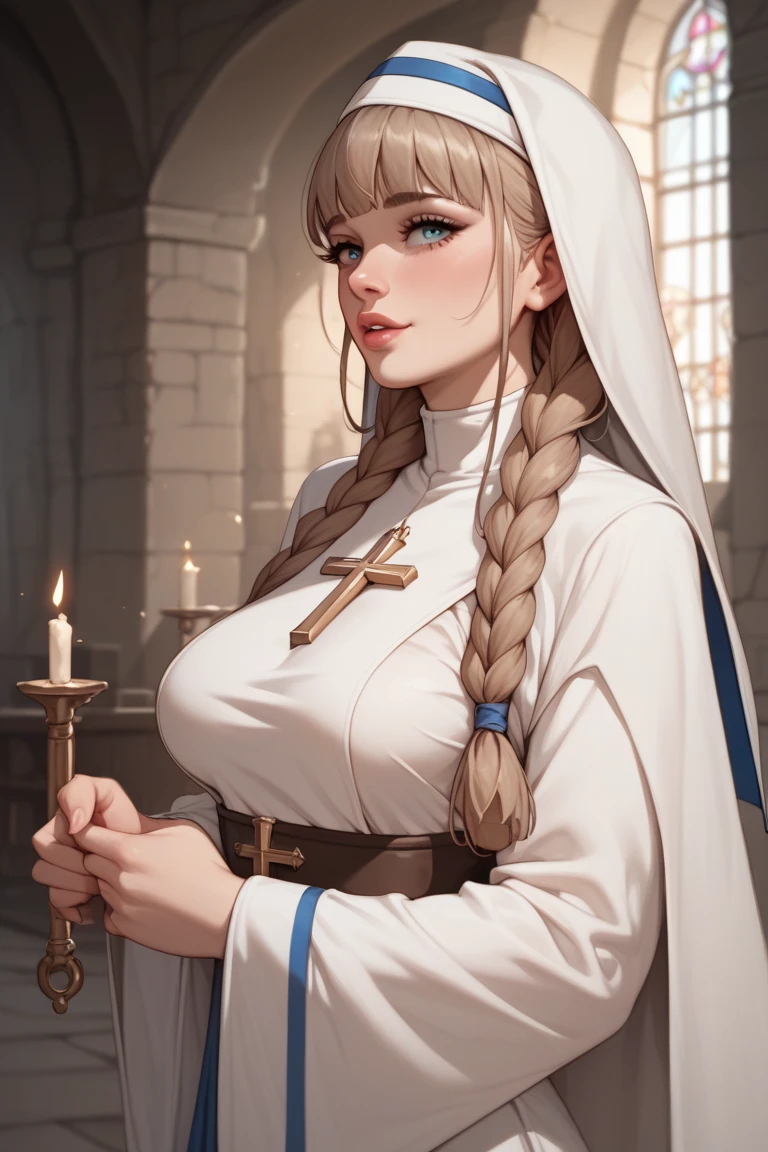 1 girl, long braided light brown hair, fringe, voluptuous, medium breasts, cleric, priestess short sexy clothes, dungeon 