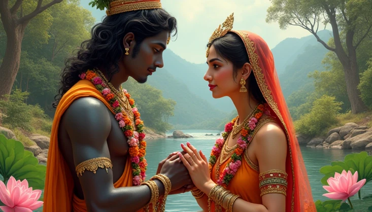 cinematic animated character art, Silhouette of indian godess of food Annapoorna giving food to a poor male beggar, backview of beggar with long hair, godess wearing Gold and red saree, golden jewellery, ancient golden crown, smiling expression, glowing particles in atmosphere, river Ganga in background, early morning, darkness in atmosphere, mysterious vibe, colour graded, vibrant, 4khd