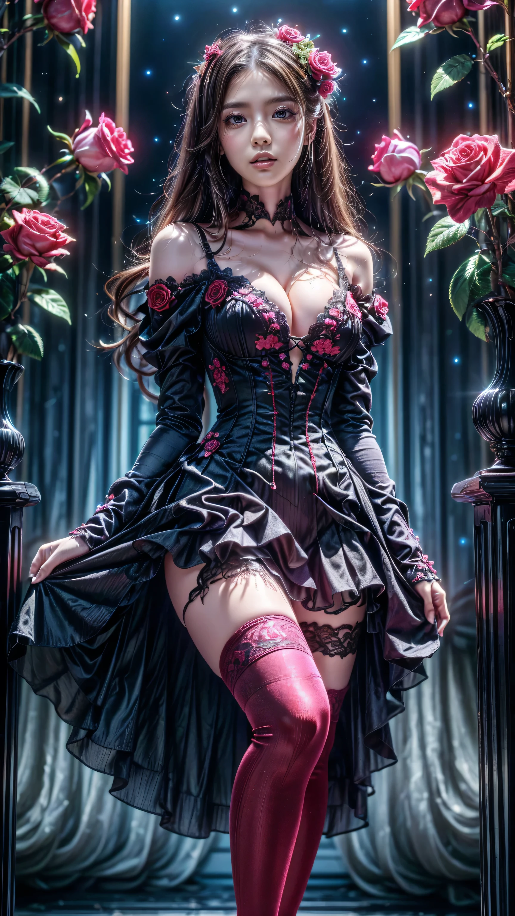 Describe a scene where a female vampire from the Tremere clan, with aristocratic features and mesmerizing eyes, is to seduce someone in a dark and mysterious environment. She is dressed in elegant clothes and displays an aura of power and mystery.... Your gaze is penetrating and seductive, as she uses her manipulation skills to lure the victim closer, involving her in a dangerous game of desire and fascination. The atmosphere around you is charged with tension and excitement., with shadows dancing around, further enhancing the atmosphere of seduction and mystery, wearing red lingerie, nsfw, high heel boots