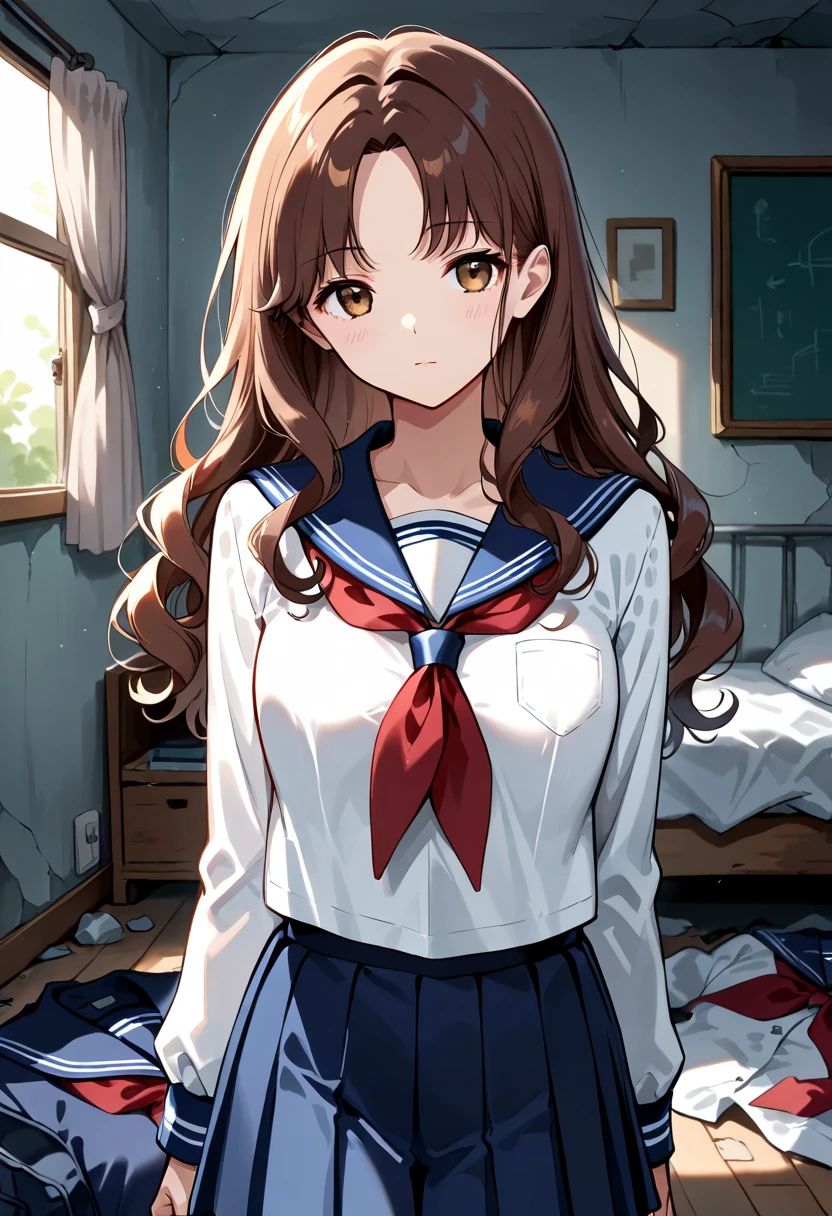  sailor suit,  Long Sleeve ,  RED NECKERCHIEF ,  short pleated skirt ,  Abandoned Bedroom, brown long hair, curly hair, parted bangs, (Short girl), medium breasts,