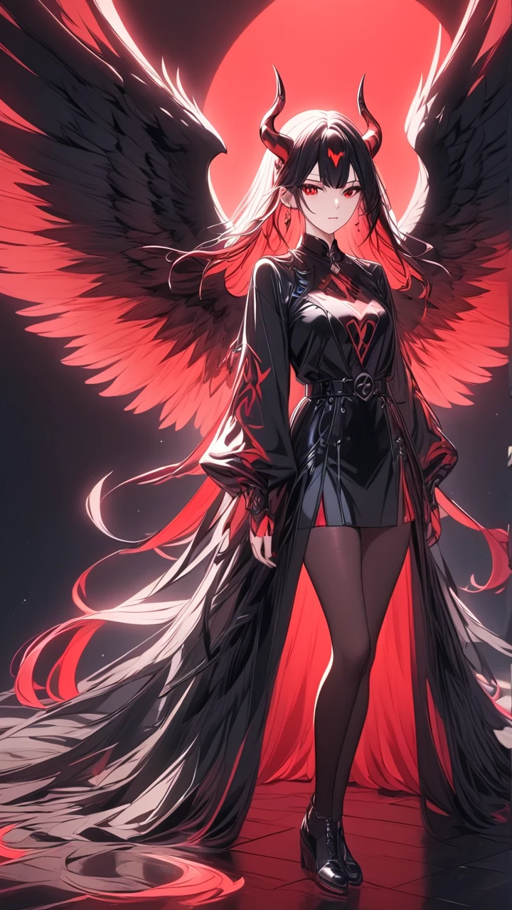 A girl with demonic horns and incandescent blood red eyes, face slightly upwards and slightly to the left, serious face, long straight black hair, wearing a trench coat, black high-heeled boots, black wings drooping, blood red halo, hands in pockets, walking on a dark street between dark buildings, (ultra-realistic), {extremely detailed 8k CG unit wallpaper}, expansive landscape photography, (a centered view that prioritizes character and setting, (wide field view wide), (low angle shot), (high light: 0.5), (low light: 1.2), (warm light source: 1.4), complex details, (iridescent colors: 1.7), (bright lighting), (lighting atmospheric), surrealist, dreamy, photography