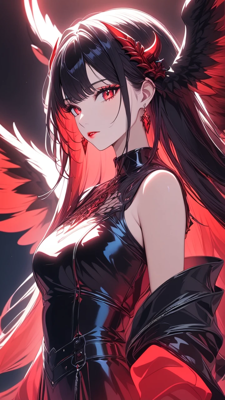 Long black hair, red eyes, twin tails, fallen angle, adult, large breasts, black angle wings