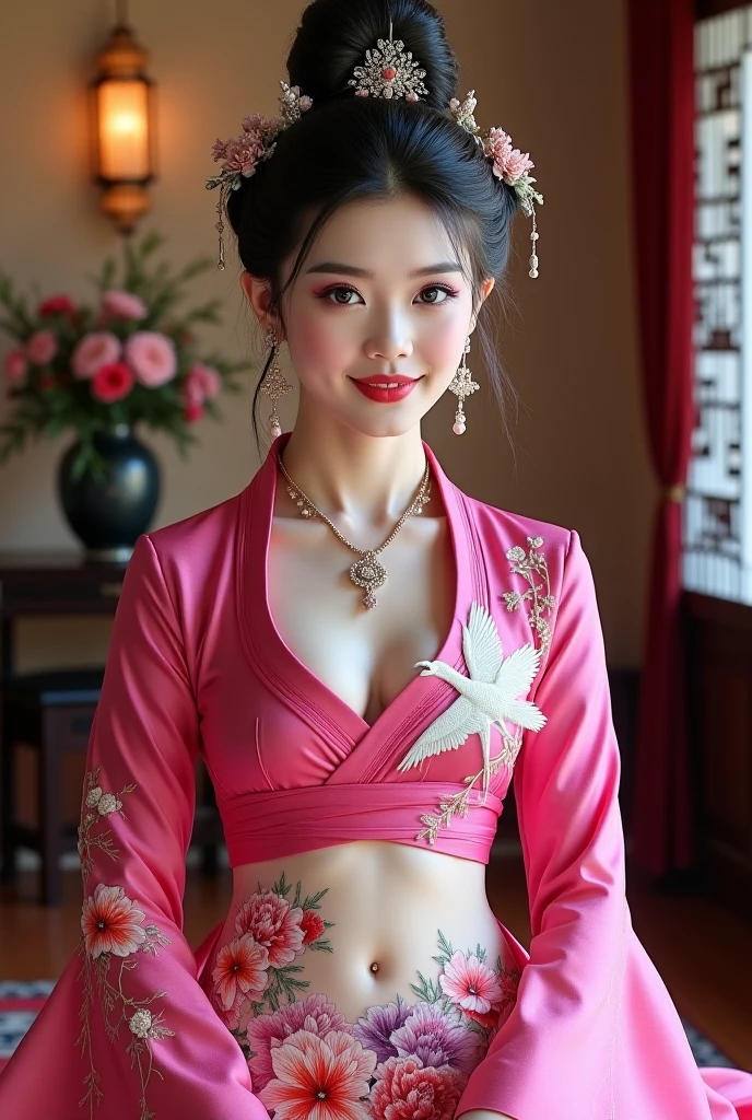 （Hyperrealistic,）4K,35mm，hyper-high detail, Professional lighting, Best quality, 超高分辨率, Visually stunning, (1girll:1.1), （Hmong clothing ）,realskin,（Perfect body 1.3）Ultra-delicate face，Open navel