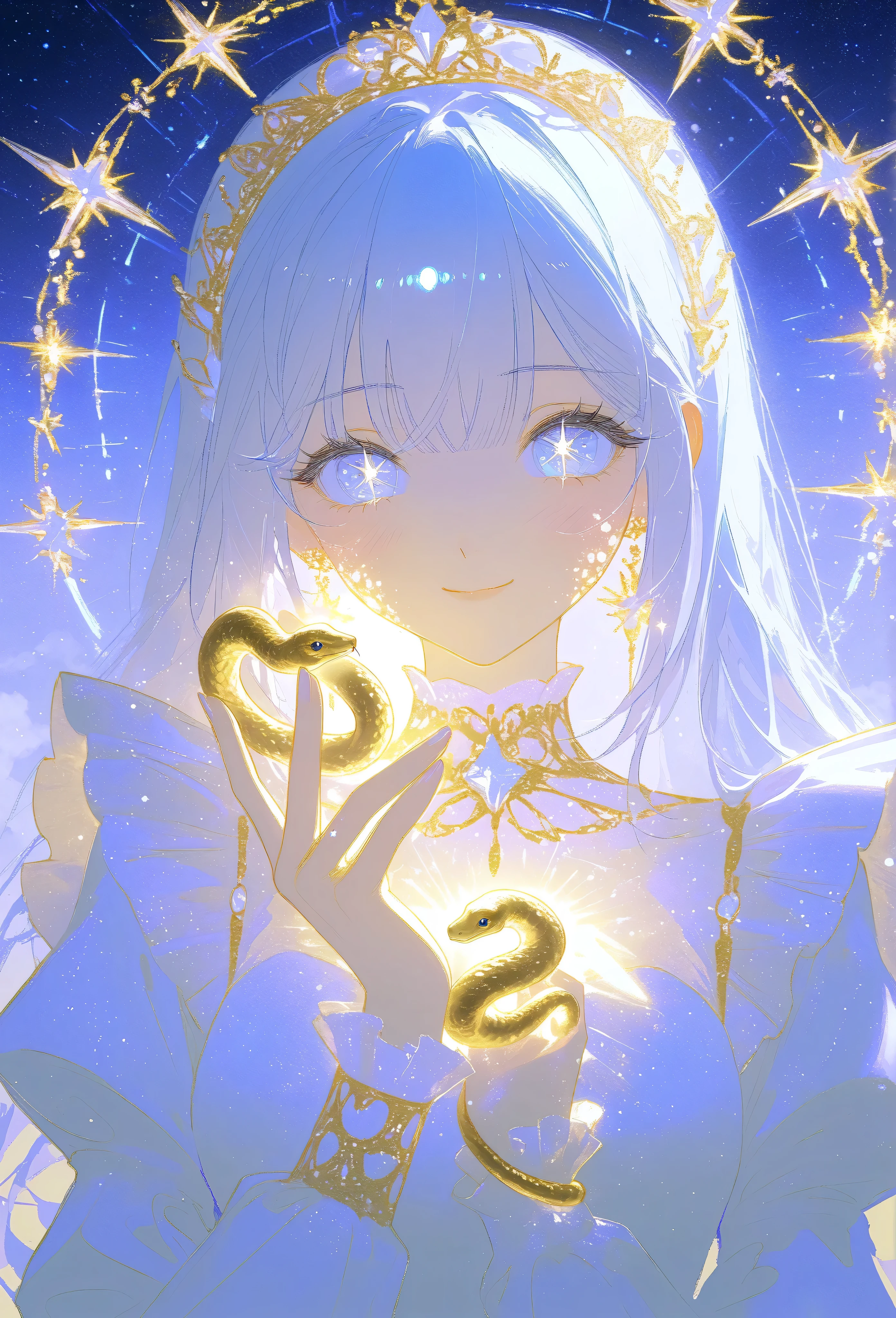 A masterpiece 8k illustration of a cheerful young girl with light lavender hair styled in straight bangs, wearing a soft blue and white maid outfit. She has a playful and endearing energy, making a peace sign close to her face while smiling warmly. Her large, sparkling eyes reflect hope and joy for the new year, with a light blush on her cheeks adding to her charm. A transparent heart-shaped decoration floats beside her, glowing faintly like crystal. In the background, a coiling snake with shimmering golden scales (representing the zodiac) gracefully weaves through soft pastel clouds. The scene is bathed in soft golden light cascading like a waterfall, symbolizing renewal and celebration. A glowing neon sign reads "Happy New Year 2025!" blending nostalgia with festivity.