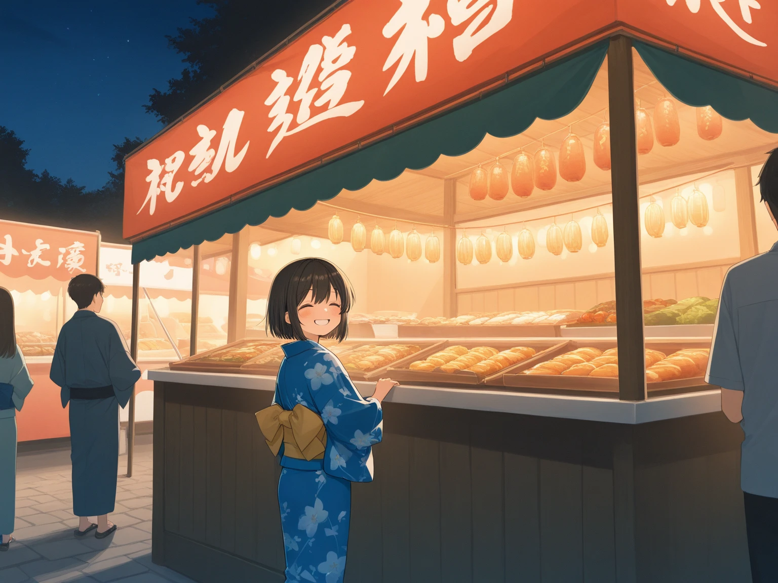 (masterpiece:1.3, highres:1.3, top quality), Outdoor, night, fair:1.3, many food cart:1.3, stall:1.3, landlady, kimono, Serving with a smile, Oden food stall, Drunk smiling customer, 8k wall paper:1.3