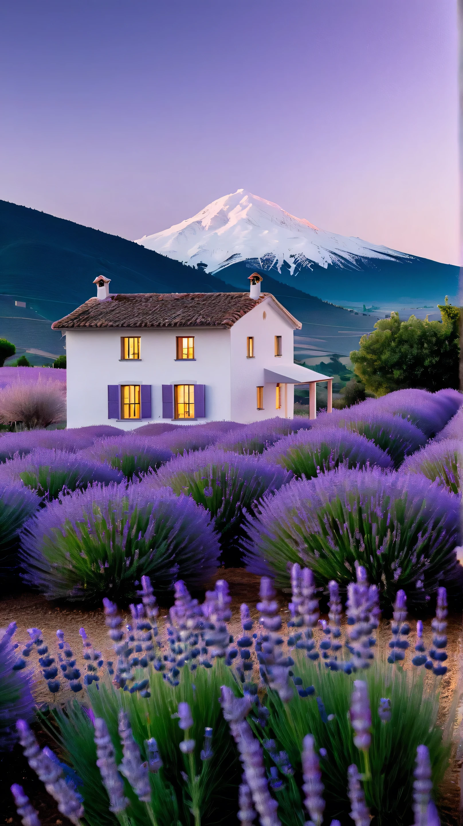 " A simple country house , white, located in a lavender field . The house is a little removed from the screen , centered on the image . The background shows a snowy mountain far away , creating a quiet contrast . The sky above the house is clear and clean , cloudless, providing a sense of peace and serenity. The camera used is a 35mm wide angle lens , focusing on the house , but with the surrounding landscape clearly visible . The light is soft, with the natural lighting of the day , destacando as cores vibrantes das lavandas e a casa white no cenário rural."