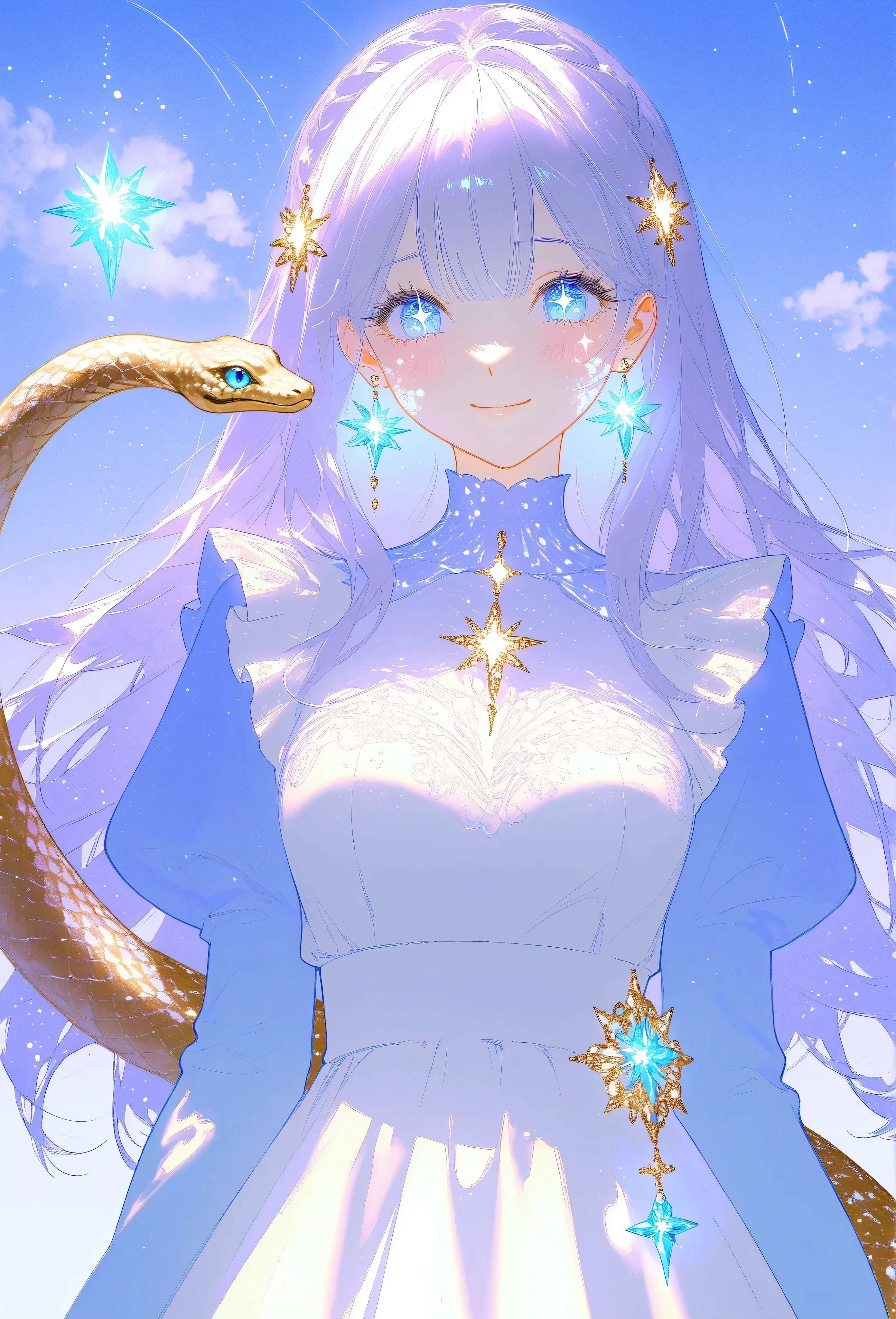 A masterpiece 8k illustration of a cheerful young girl with light lavender hair styled in straight bangs, wearing a soft blue and white maid outfit. She has a playful and endearing energy, making a peace sign close to her face while smiling warmly. Her large, sparkling eyes reflect hope and joy for the new year, with a light blush on her cheeks adding to her charm. A transparent heart-shaped decoration floats beside her, glowing faintly like crystal. In the background, a coiling snake with shimmering golden scales (representing the zodiac) gracefully weaves through soft pastel clouds. The scene is bathed in soft golden light cascading like a waterfall, symbolizing renewal and celebration. A glowing neon sign reads "Happy New Year 2025!" blending nostalgia with festivity.