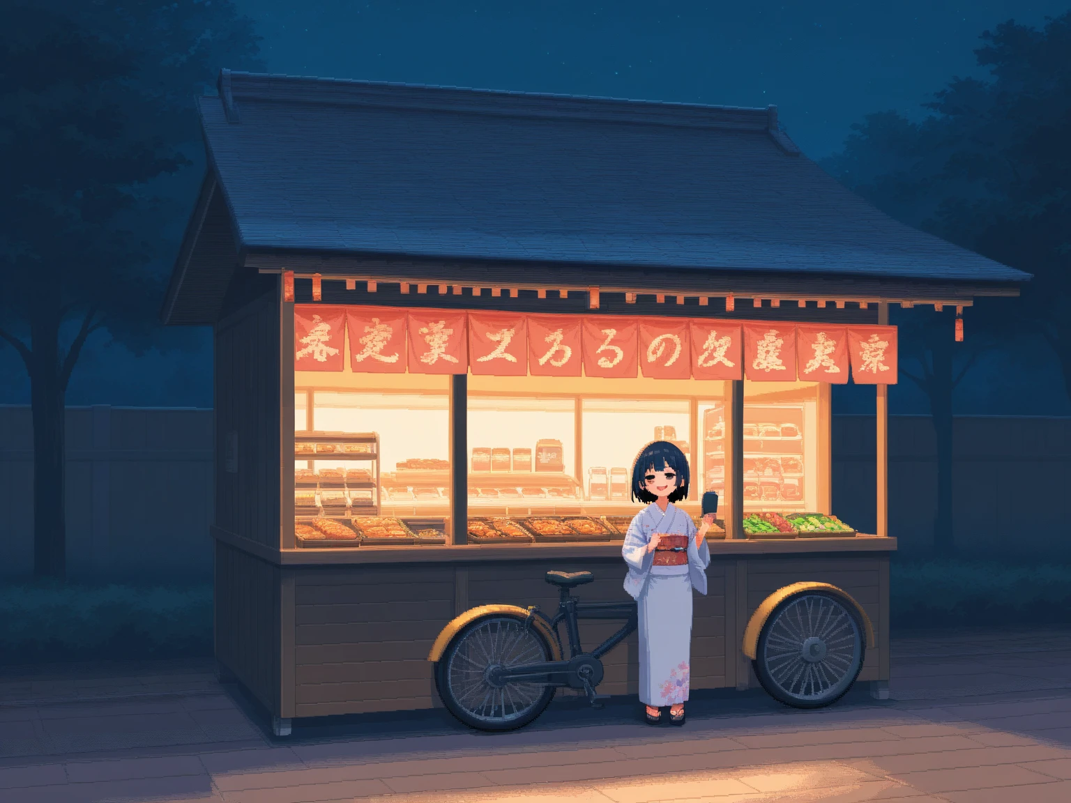 (masterpiece:1.3, highres:1.3, top quality, pixel art), Outdoor, night, fair:1.3, many food cart:1.3, stall:1.3, landlady, kimono, Serving with a smile, Oden food stall, Drunk smiling customer, 8k wall paper:1.3