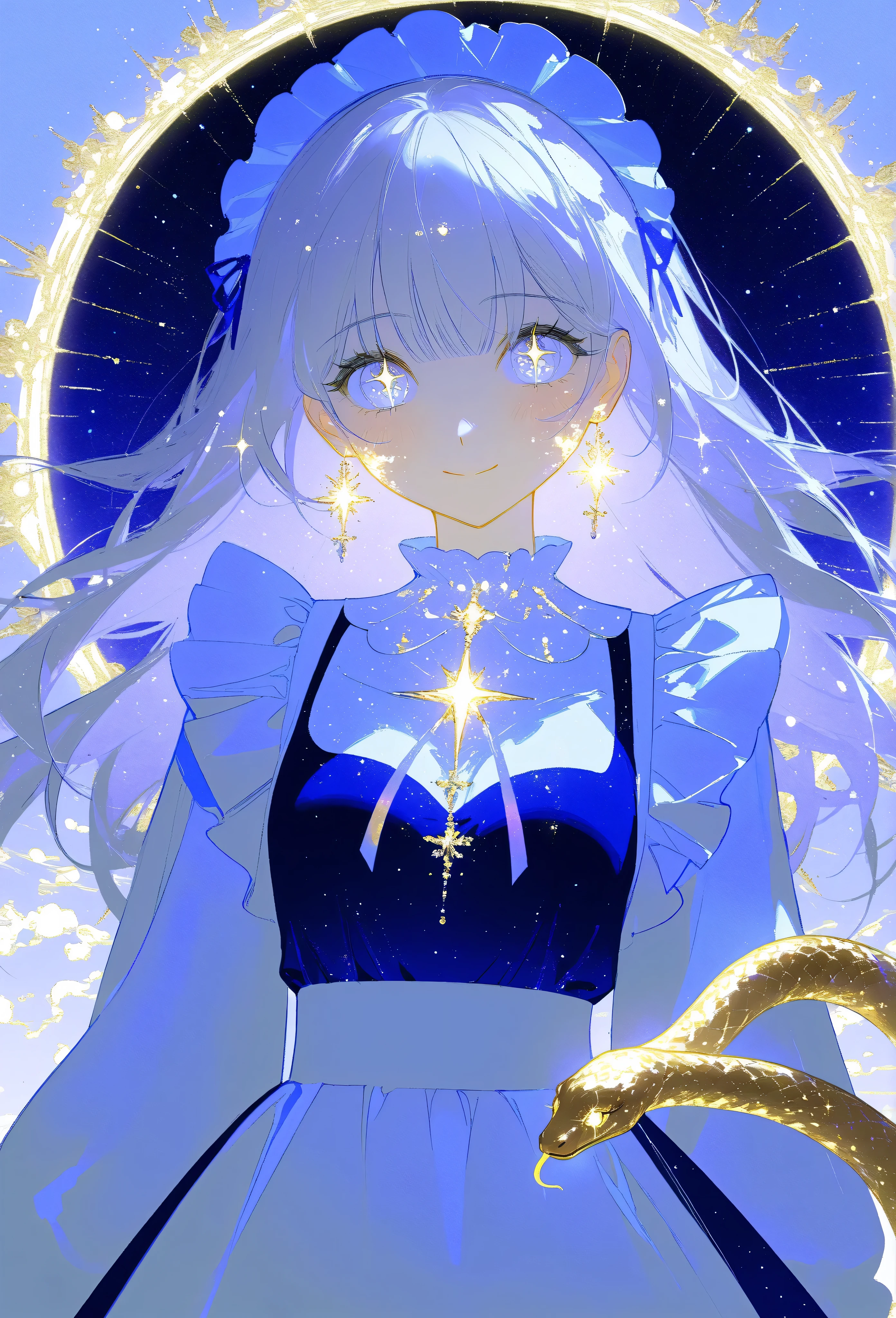 A masterpiece 8k illustration of a cheerful young girl with light lavender hair styled in straight bangs, wearing a soft blue and white maid outfit. She has a playful and endearing energy, making a peace sign close to her face while smiling warmly. Her large, sparkling eyes reflect hope and joy for the new year, with a light blush on her cheeks adding to her charm. A transparent heart-shaped decoration floats beside her, glowing faintly like crystal. In the background, a coiling snake with shimmering golden scales (representing the zodiac) gracefully weaves through soft pastel clouds. The scene is bathed in soft golden light cascading like a waterfall, symbolizing renewal and celebration. A glowing neon sign reads "Happy New Year 2025!" blending nostalgia with festivity.