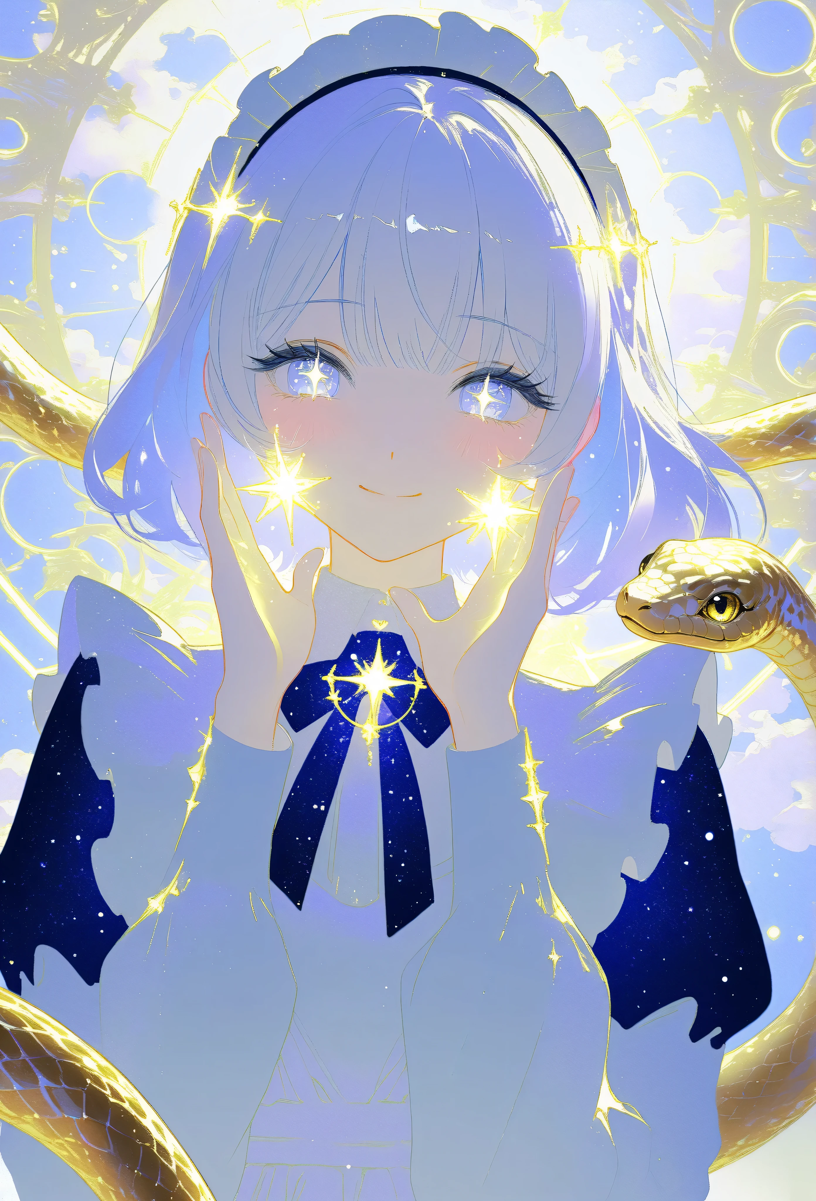 A masterpiece 8k illustration of a cheerful young girl with light lavender hair styled in straight bangs, wearing a soft blue and white maid outfit. She has a playful and endearing energy, making a peace sign close to her face while smiling warmly. Her large, sparkling eyes reflect hope and joy for the new year, with a light blush on her cheeks adding to her charm. A transparent heart-shaped decoration floats beside her, glowing faintly like crystal. In the background, a coiling snake with shimmering golden scales (representing the zodiac) gracefully weaves through soft pastel clouds. The scene is bathed in soft golden light cascading like a waterfall, symbolizing renewal and celebration. A glowing neon sign reads "Happy New Year 2025!" blending nostalgia with festivity.