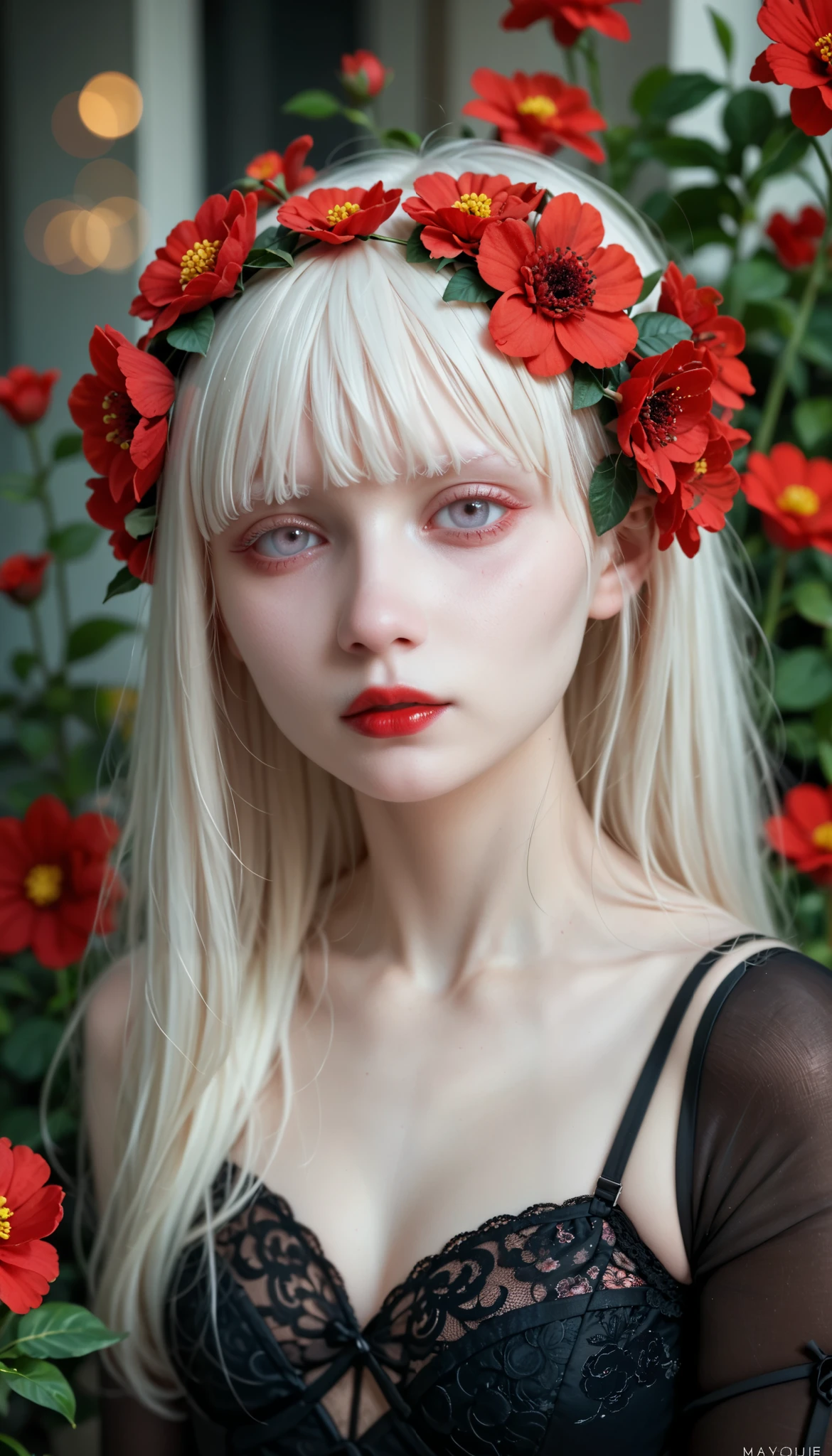 ((  surreal illustration with slightly red flower heads:1.3)),(Black clothes),    one woman、Alone、   cute 18 year old、 (albino:1.4)、Slavic Women  、 ,    long white hair   ,  I'm wearing a  , ((The flower head is slightly red  :1.4)).   Innocent expression   . kind.(virgin),   expressionless、(   playful   :1.2).    mascara, Glass, Red lipstick,    dress, (    black pantyhose ), pumps. Masterpiece, (   very detailed:1.2),(    Detailed face and eyes  :1.2), 8k wallpaper,    moody lighting . Core Shadow,    high contrast , Bokeh.