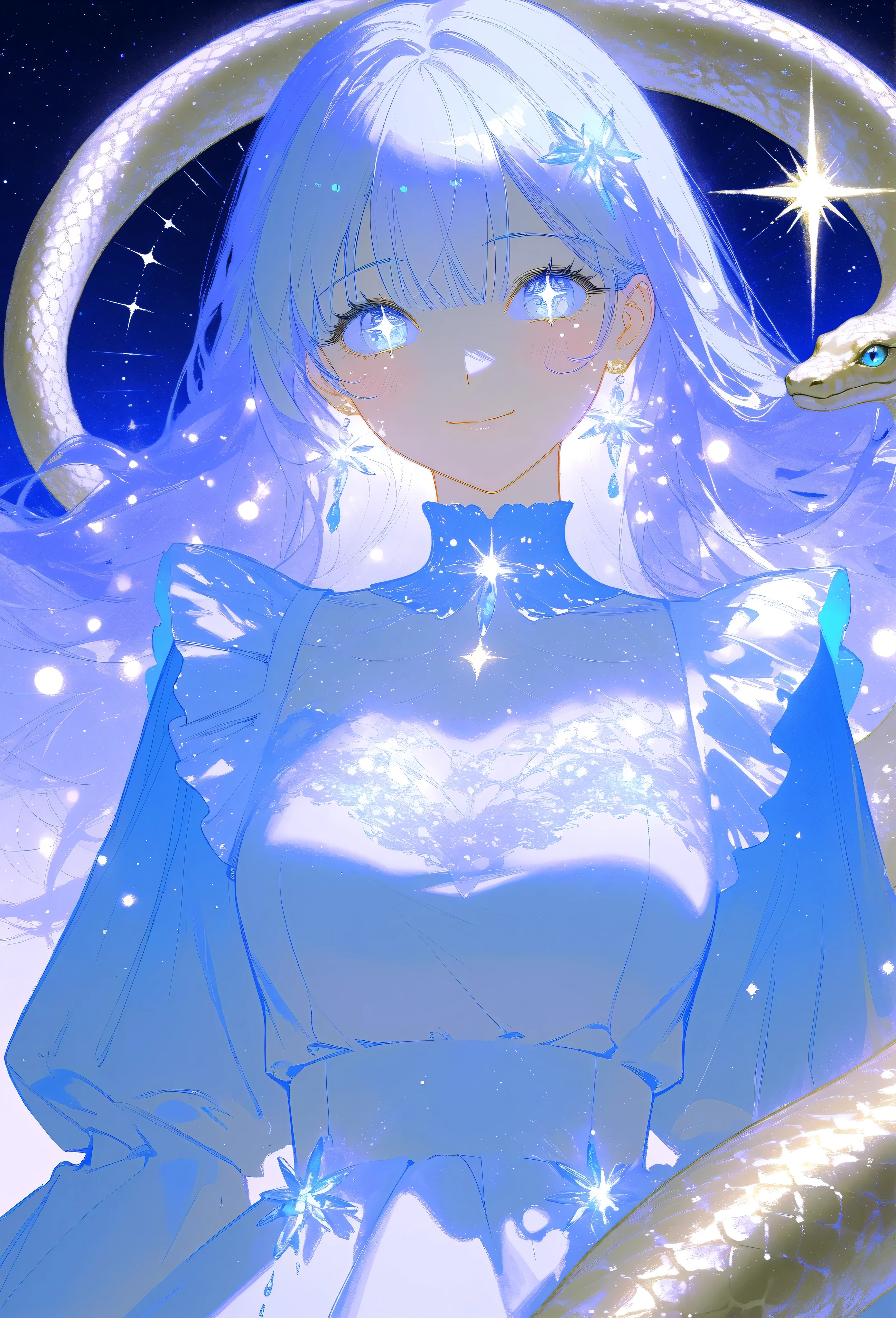 A masterpiece 8k illustration of a cheerful young girl with light lavender hair styled in straight bangs, wearing a soft blue and white maid outfit. She has a playful and endearing energy, making a peace sign close to her face while smiling warmly. Her large, sparkling eyes reflect hope and joy for the new year, with a light blush on her cheeks adding to her charm. A transparent heart-shaped decoration floats beside her, glowing faintly like crystal. In the background, a coiling snake with shimmering golden scales (representing the zodiac) gracefully weaves through soft pastel clouds. The scene is bathed in soft golden light cascading like a waterfall, symbolizing renewal and celebration. A glowing neon sign reads "Happy New Year 2025!" blending nostalgia with festivity.