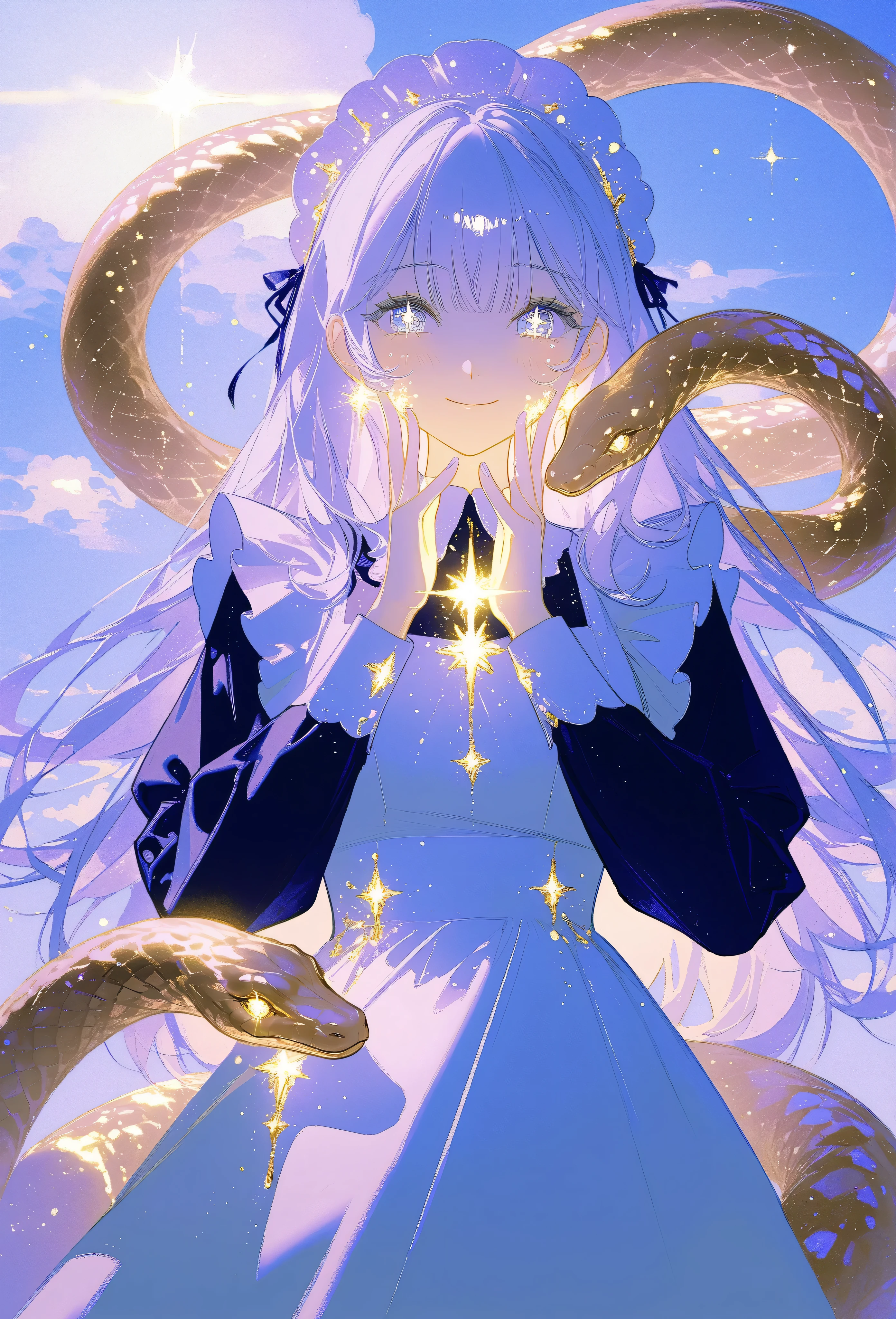 A masterpiece 8k illustration of a cheerful young girl with light lavender hair styled in straight bangs, wearing a soft blue and white maid outfit. She has a playful and endearing energy, making a peace sign close to her face while smiling warmly. Her large, sparkling eyes reflect hope and joy for the new year, with a light blush on her cheeks adding to her charm. A transparent heart-shaped decoration floats beside her, glowing faintly like crystal. In the background, a coiling snake with shimmering golden scales (representing the zodiac) gracefully weaves through soft pastel clouds. The scene is bathed in soft golden light cascading like a waterfall, symbolizing renewal and celebration. A glowing neon sign reads "Happy New Year 2025!" blending nostalgia with festivity.