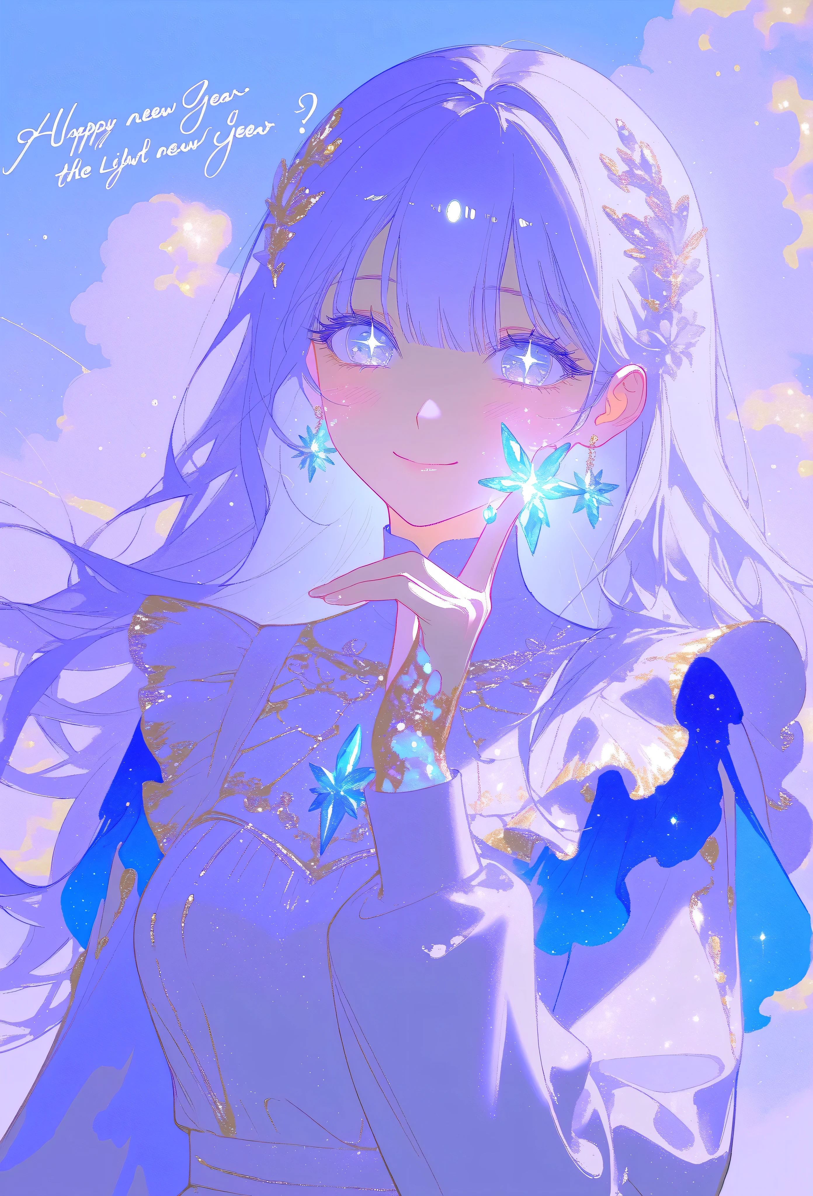 A masterpiece 8k illustration of a cheerful young girl with light lavender hair styled in straight bangs, wearing a soft blue and white maid outfit. She has a playful and endearing energy, making a peace sign close to her face while smiling warmly. Her large, sparkling eyes reflect hope and joy for the new year, with a light blush on her cheeks adding to her charm. A transparent heart-shaped decoration floats beside her, glowing faintly like crystal. In the background, a coiling snake with shimmering golden scales (representing the zodiac) gracefully weaves through soft pastel clouds. The scene is bathed in soft golden light cascading like a waterfall, symbolizing renewal and celebration. A glowing neon sign reads "Happy New Year 2025!" blending nostalgia with festivity.