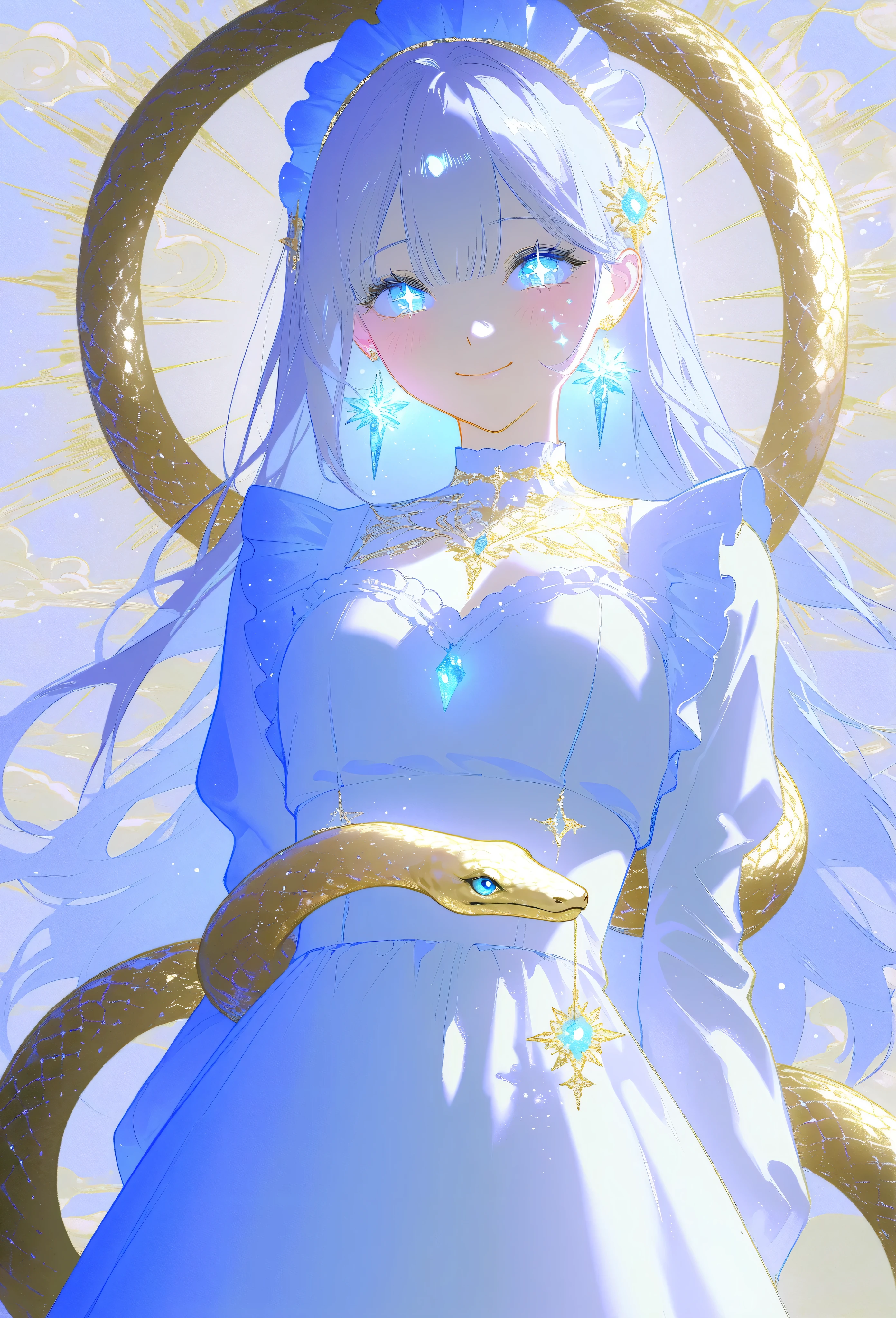 A masterpiece 8k illustration of a cheerful young girl with light lavender hair styled in straight bangs, wearing a soft blue and white maid outfit. She has a playful and endearing energy, making a peace sign close to her face while smiling warmly. Her large, sparkling eyes reflect hope and joy for the new year, with a light blush on her cheeks adding to her charm. A transparent heart-shaped decoration floats beside her, glowing faintly like crystal. In the background, a coiling snake with shimmering golden scales (representing the zodiac) gracefully weaves through soft pastel clouds. The scene is bathed in soft golden light cascading like a waterfall, symbolizing renewal and celebration. A glowing neon sign reads "Happy New Year 2025!" blending nostalgia with festivity.