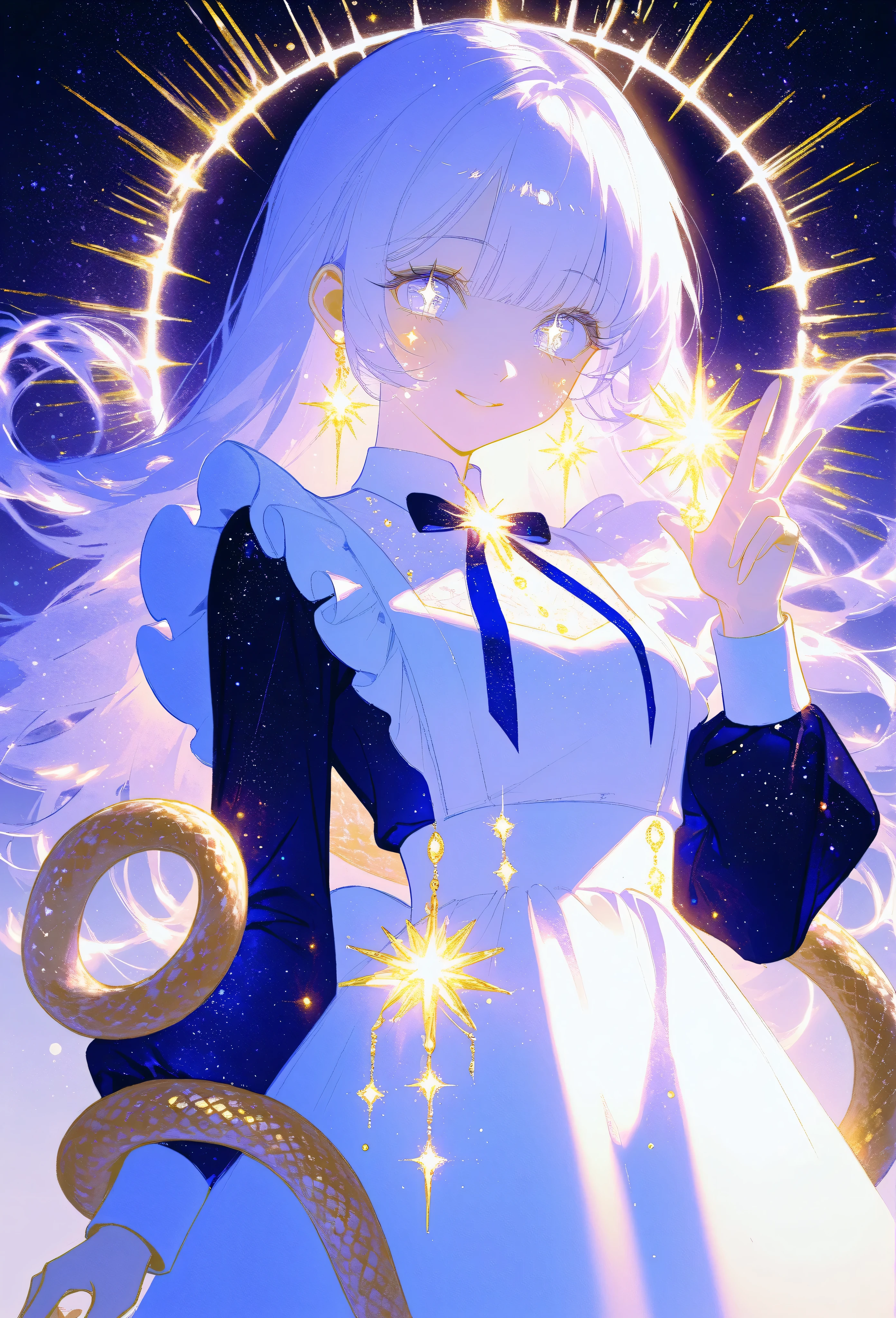 A masterpiece 8k illustration of a cheerful young girl with light lavender hair styled in straight bangs, wearing a soft blue and white maid outfit. She has a playful and endearing energy, making a peace sign close to her face while smiling warmly. Her large, sparkling eyes reflect hope and joy for the new year, with a light blush on her cheeks adding to her charm. A transparent heart-shaped decoration floats beside her, glowing faintly like crystal. In the background, a coiling snake with shimmering golden scales (representing the zodiac) gracefully weaves through soft pastel clouds. The scene is bathed in soft golden light cascading like a waterfall, symbolizing renewal and celebration. A glowing neon sign reads "Happy New Year 2025!" blending nostalgia with festivity.