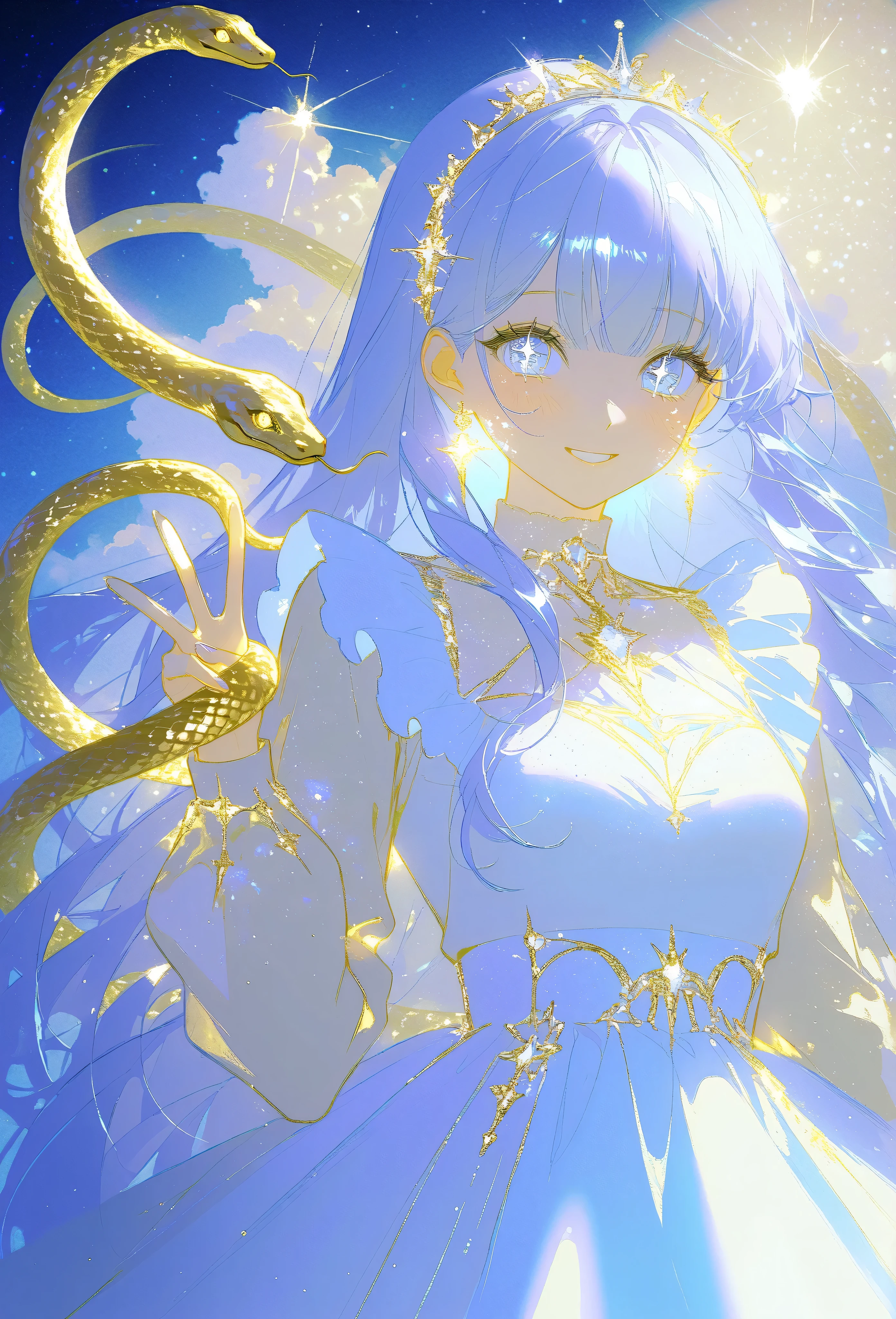 A masterpiece 8k illustration of a cheerful young girl with light lavender hair styled in straight bangs, wearing a soft blue and white maid outfit. She has a playful and endearing energy, making a peace sign close to her face while smiling warmly. Her large, sparkling eyes reflect hope and joy for the new year, with a light blush on her cheeks adding to her charm. A transparent heart-shaped decoration floats beside her, glowing faintly like crystal. In the background, a coiling snake with shimmering golden scales (representing the zodiac) gracefully weaves through soft pastel clouds. The scene is bathed in soft golden light cascading like a waterfall, symbolizing renewal and celebration. A glowing neon sign reads "Happy New Year 2025!" blending nostalgia with festivity.