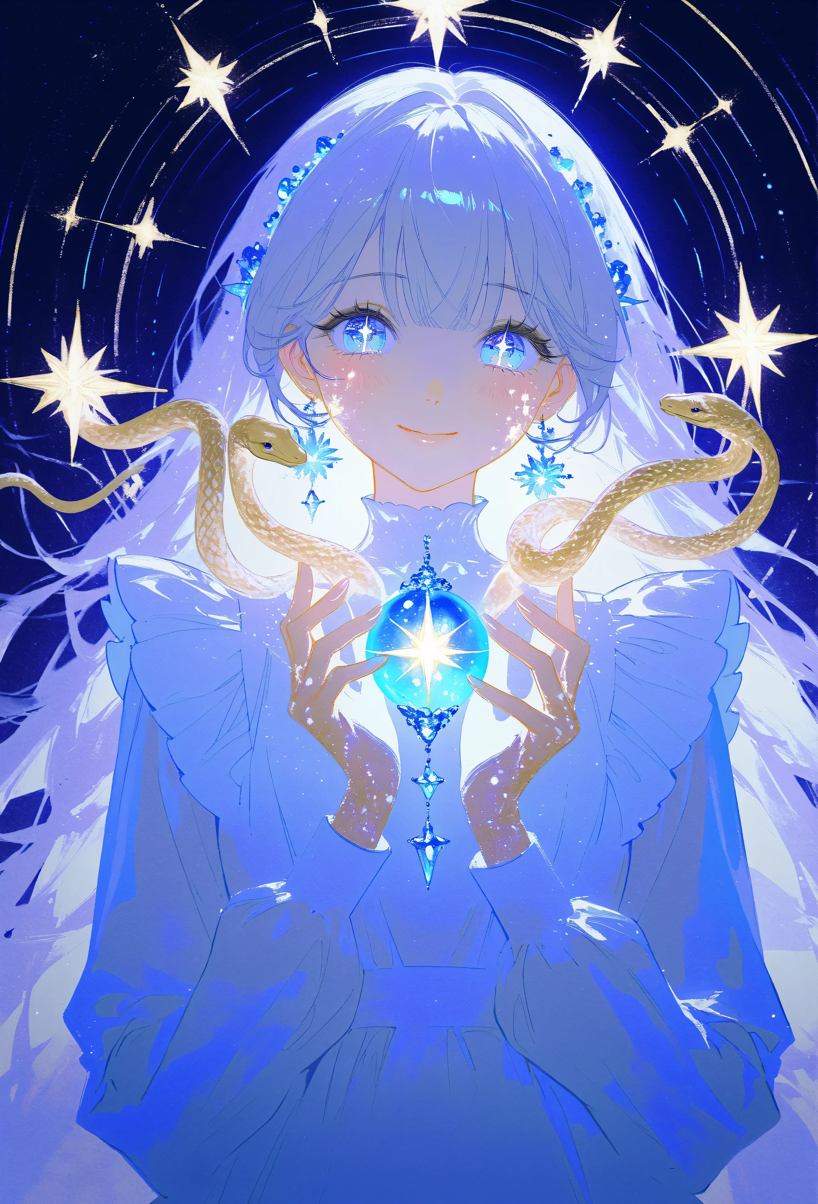 A masterpiece 8k illustration of a cheerful young girl with light lavender hair styled in straight bangs, wearing a soft blue and white maid outfit. She has a playful and endearing energy, making a peace sign close to her face while smiling warmly. Her large, sparkling eyes reflect hope and joy for the new year, with a light blush on her cheeks adding to her charm. A transparent heart-shaped decoration floats beside her, glowing faintly like crystal. In the background, a coiling snake with shimmering golden scales (representing the zodiac) gracefully weaves through soft pastel clouds. The scene is bathed in soft golden light cascading like a waterfall, symbolizing renewal and celebration. A glowing neon sign reads "Happy New Year 2025!" blending nostalgia with festivity.
