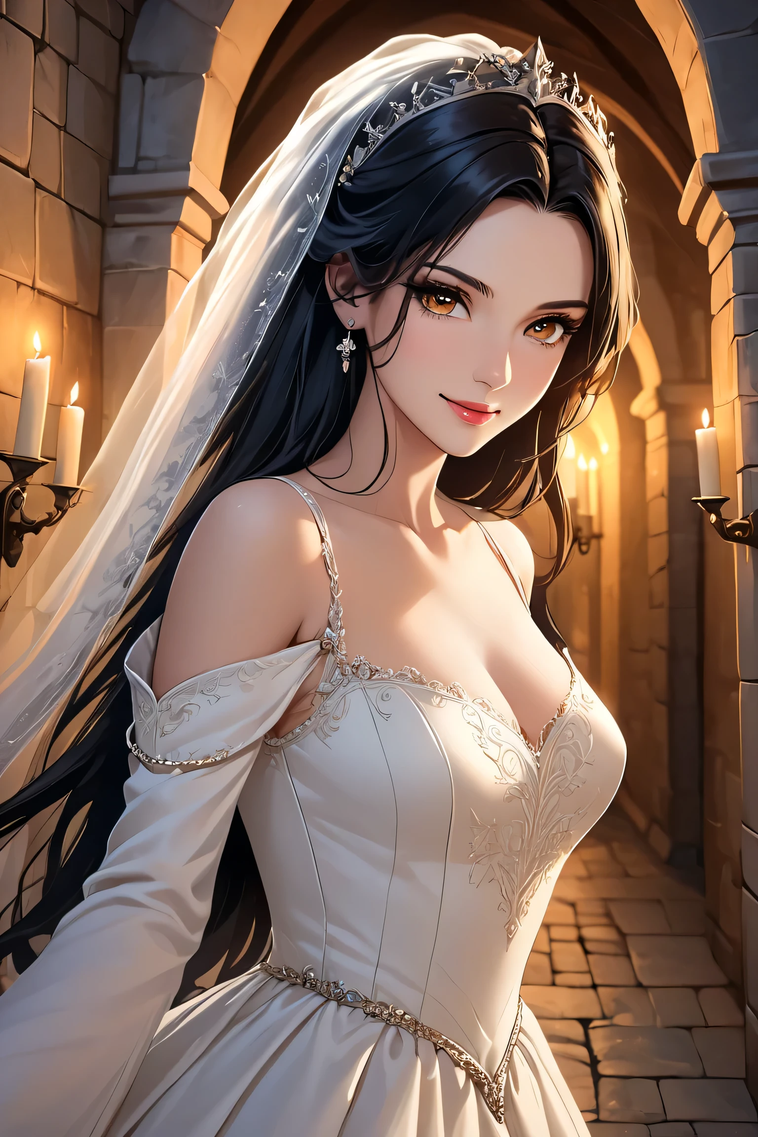 Woman, electric blue eyes, light red lips, wedding, black hair, long fully wavy hair, long white dress
