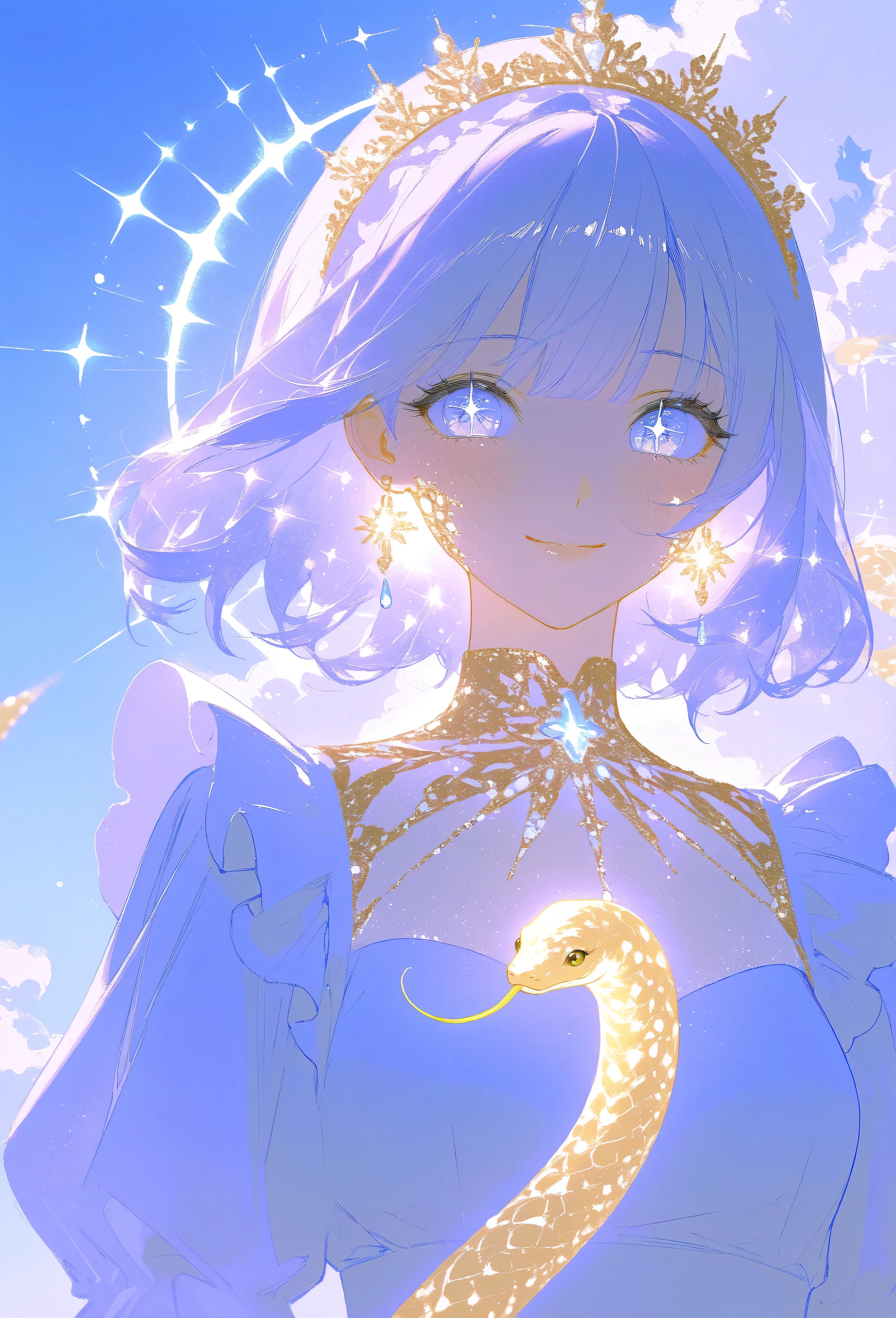 
A masterpiece 8k illustration of a cheerful young girl with light lavender hair styled in straight bangs, wearing a soft blue and white maid outfit. She has a playful and endearing energy, making a peace sign close to her face while smiling warmly. Her large, sparkling eyes reflect hope and joy for the new year, with a light blush on her cheeks adding to her charm. A transparent heart-shaped decoration floats beside her, glowing faintly like crystal. In the background, a coiling snake with shimmering golden scales (representing the zodiac) gracefully weaves through soft pastel clouds. The scene is bathed in soft golden light cascading like a waterfall, symbolizing renewal and celebration. A glowing neon sign reads "Happy New Year 2025!" blending nostalgia with festivity.
