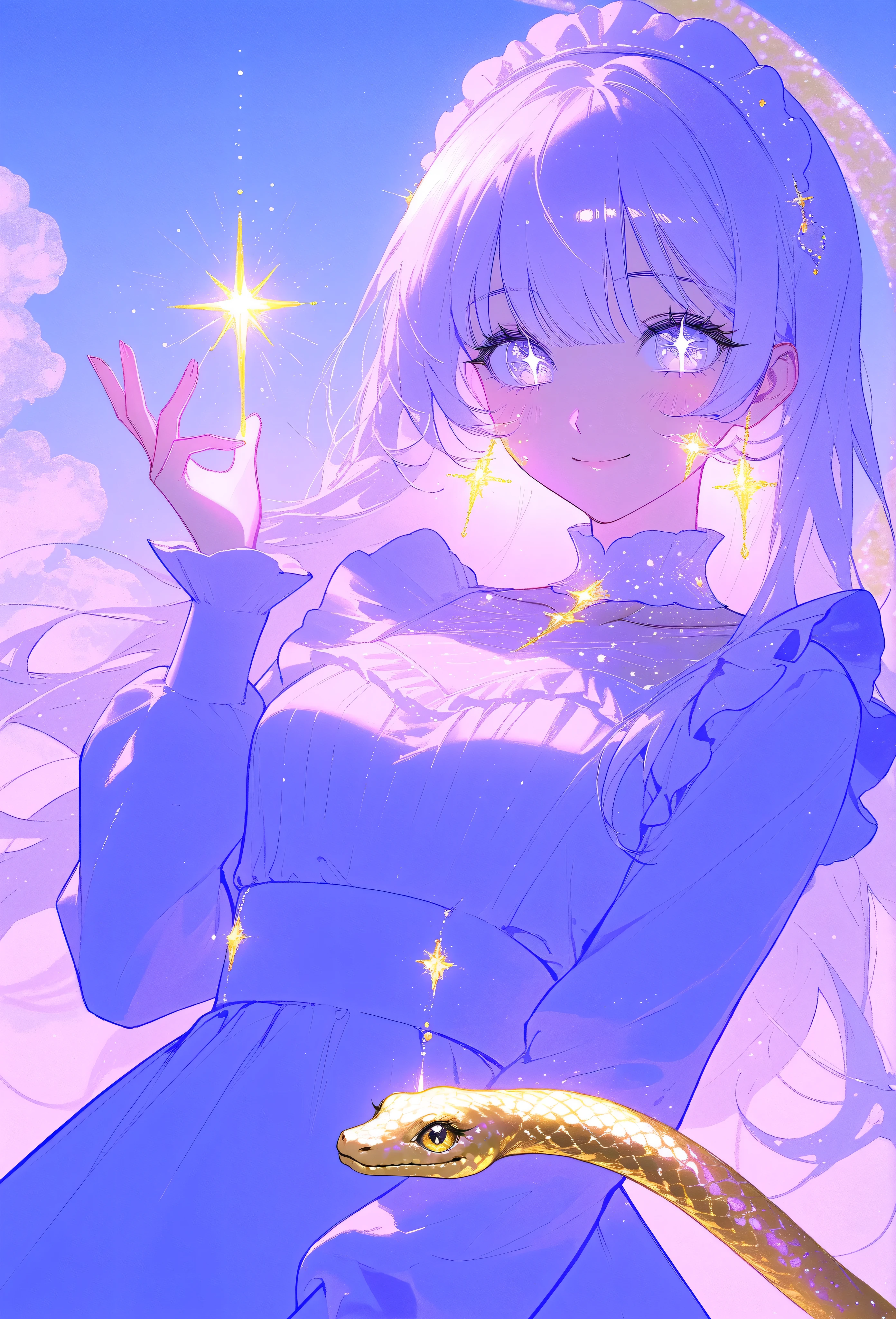 
A masterpiece 8k illustration of a cheerful young girl with light lavender hair styled in straight bangs, wearing a soft blue and white maid outfit. She has a playful and endearing energy, making a peace sign close to her face while smiling warmly. Her large, sparkling eyes reflect hope and joy for the new year, with a light blush on her cheeks adding to her charm. A transparent heart-shaped decoration floats beside her, glowing faintly like crystal. In the background, a coiling snake with shimmering golden scales (representing the zodiac) gracefully weaves through soft pastel clouds. The scene is bathed in soft golden light cascading like a waterfall, symbolizing renewal and celebration. A glowing neon sign reads "Happy New Year 2025!" blending nostalgia with festivity.
