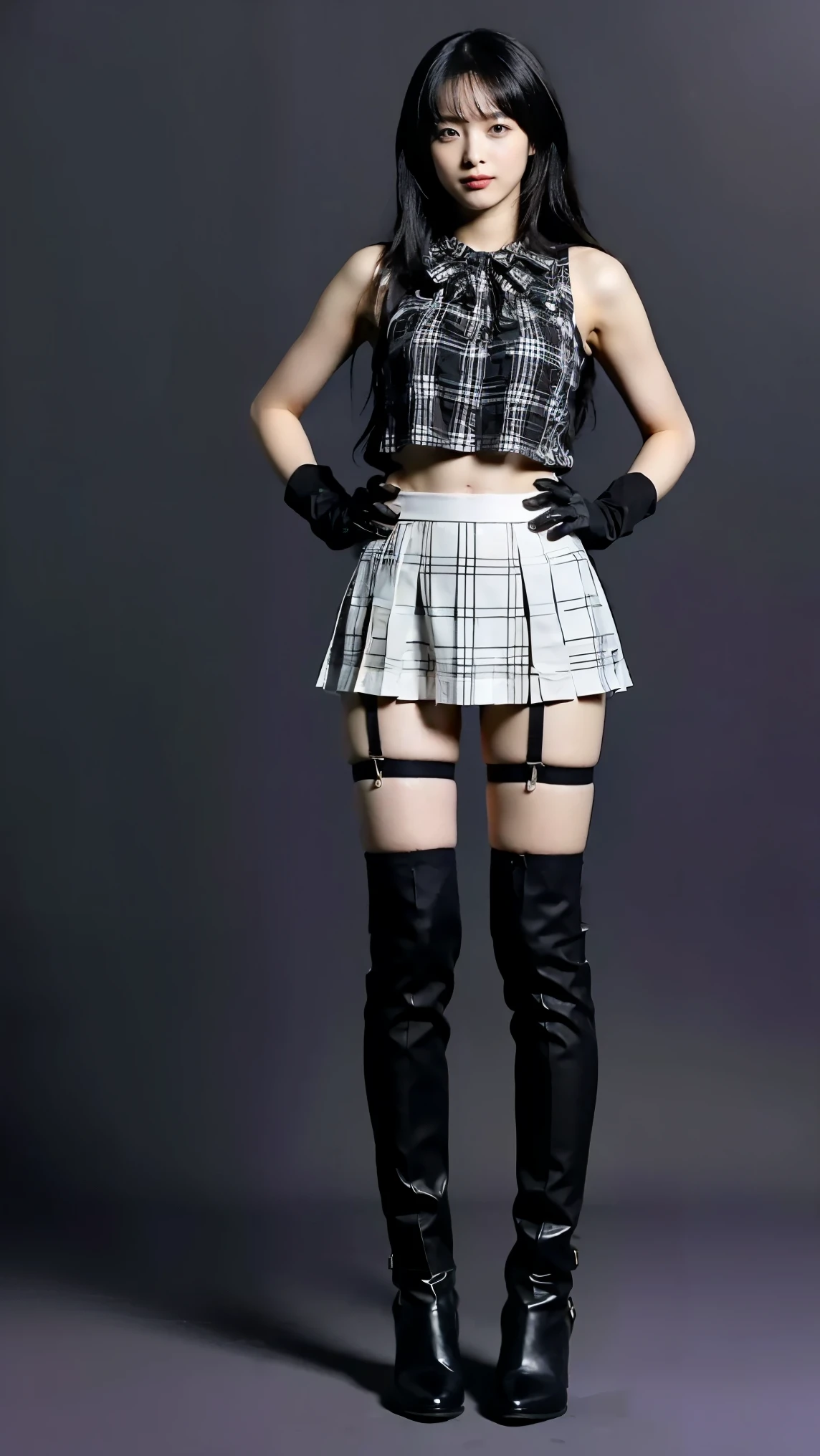 (8k、 RAW photos 、 top quality 、Masterpiece :1.2)、( realistic 、 realistic )、1 person、((Black and White、 medium haired、 gloves、 see-through、 、 garter belt、 plaid mini skirt to make up for embarrassment、 boots、 black background、Thin legs、whole body、 hands on hips、 standing facing you )、 cute