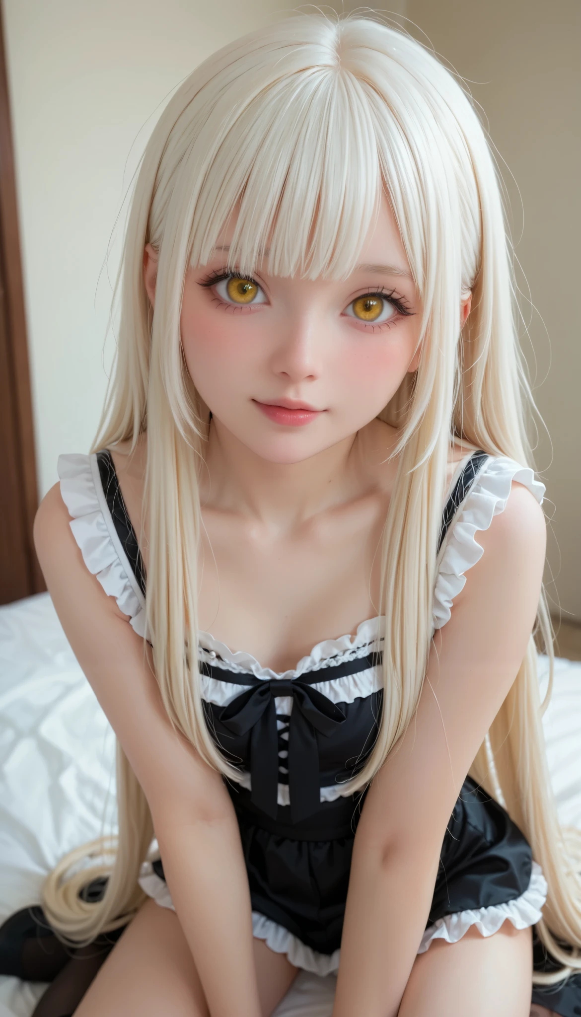    bright color:1.7、     Loss of Pastel Color    :1.7、(   top quality  、Masterpiece、      very detailed、      one girl   、((非常に    cute face)) , ((     long hair )),   long white hair  ,       Very Long Straight Hair  , Short bangs, Albino white skin,  yellow eye  ,    True Female Feel   ,     cute face、 Silky Short Blonde 、 Knee、      gothic fashion  、      very detailed目、    cute face、   bright color:1.7、     Loss of Pastel Color    :1.7