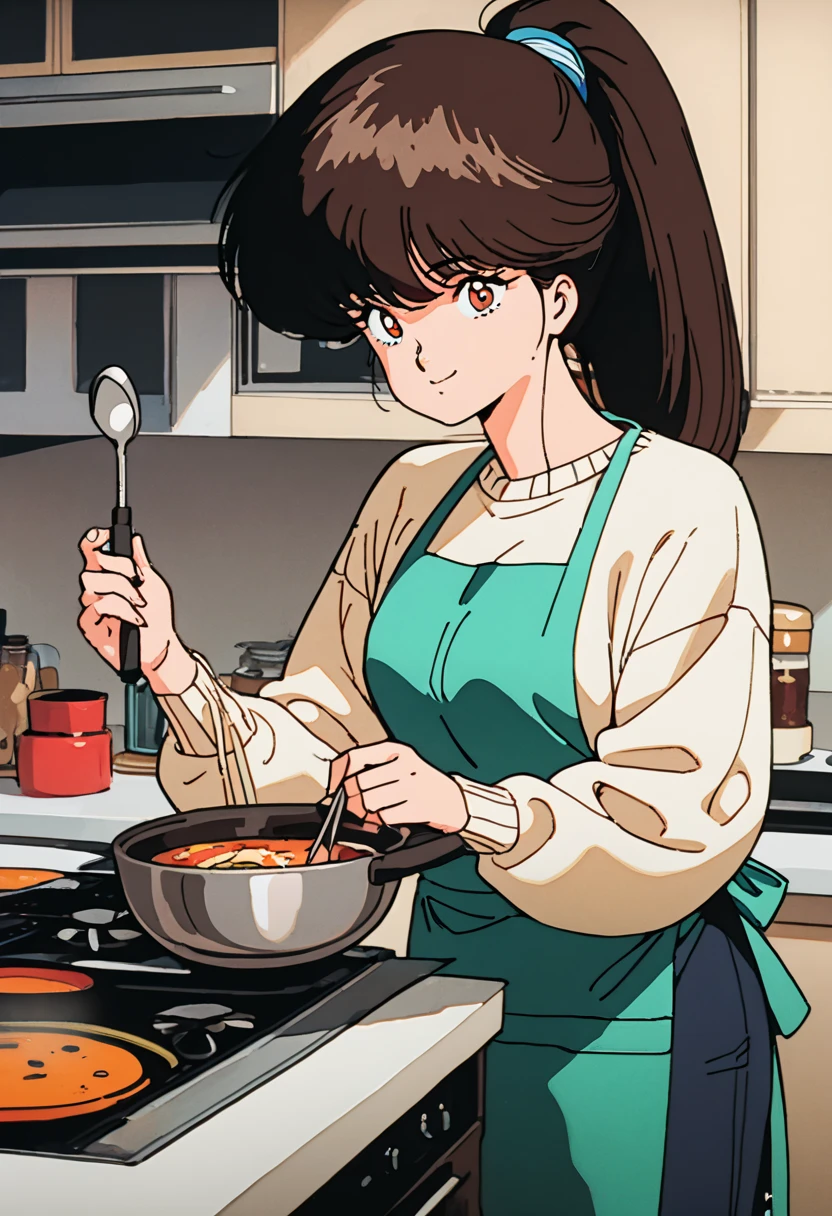 (Masterpiece,   top quality:1.2), One anime girl , Alone,   expressive eyes,   that was cooking in the kitchen turned around and held the ladle in her hand, (((  dark hair ponytail  ))). (((  straight hair ))), (smile), (((Reddish brown eyes))), (((  Perfect Face Girl ))), (((  Summer Sweater Ring  ))), (((  Apron I was cooking in the kitchen ))), Big Breasted , 嬉しそうなsmile, retro art style for stilets, 1980s \( style for stilets\),  