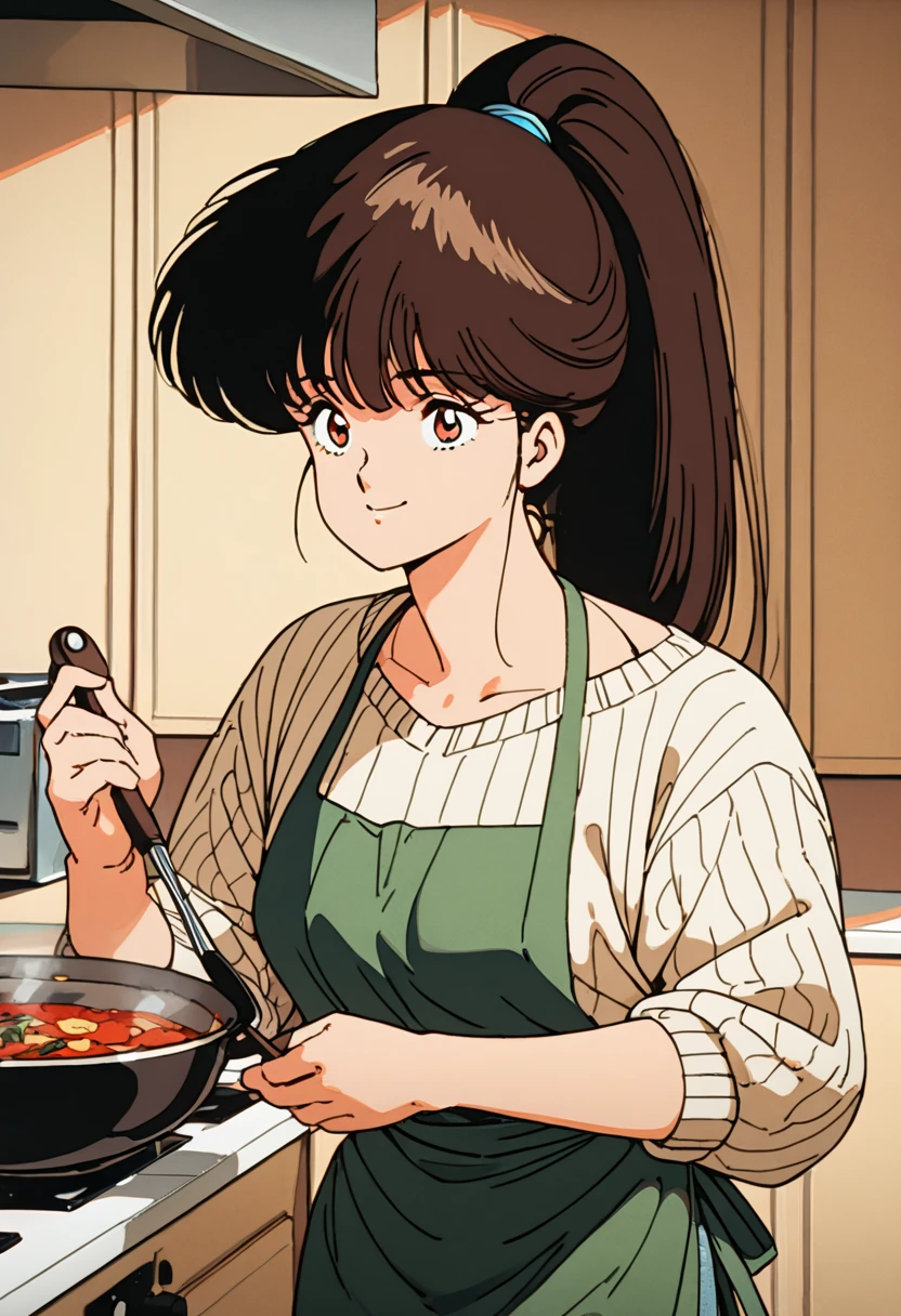 (Masterpiece,   top quality:1.2), One anime girl , Alone,   expressive eyes,   that was cooking in the kitchen turned around and held the ladle in her hand, (((  dark hair ponytail  ))). (((  straight hair ))), (smile), (((Reddish brown eyes))), (((  Perfect Face Girl ))), (((  Summer Sweater Ring  ))), (((  Apron I was cooking in the kitchen ))), Big Breasted , 嬉しそうなsmile, retro art style for stilets, 1980s \( style for stilets\),  