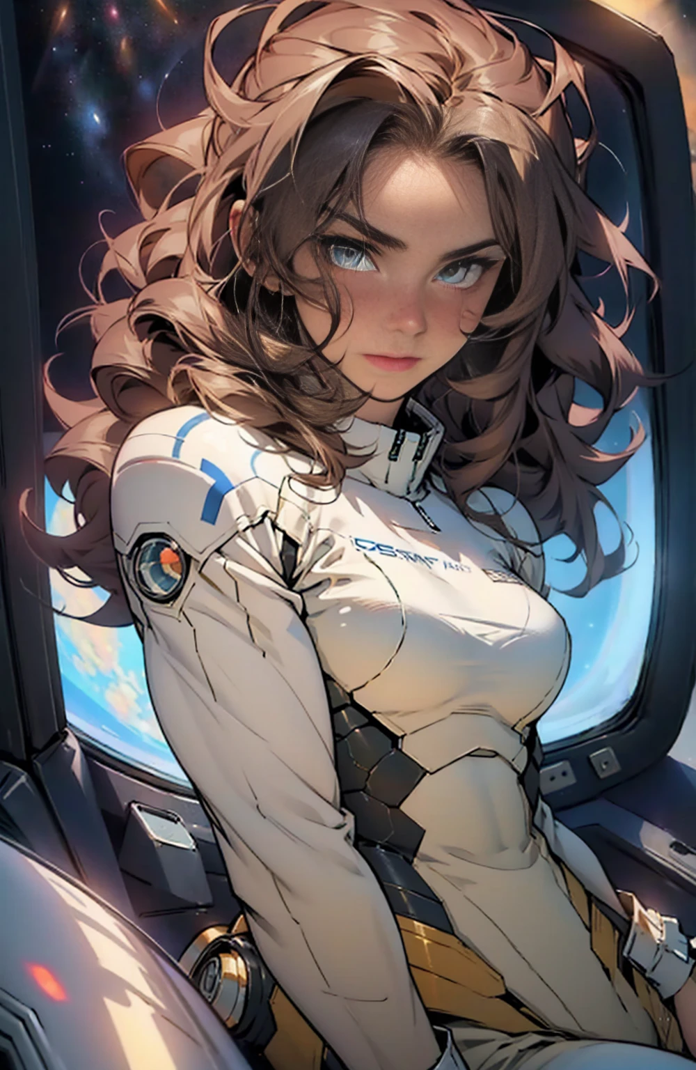 Side view,,gritty hair fit body massive breasts (protuding erect nipples) slim thighs slim waist pilot suit alone looking at the viewer in space long hair blushing determination, 8k, Detalle extremo,More detailed 8K.motor irreal:1.4,UHD,La mejor calidad:1.4, fotorrealista:1.4, textura de la piel:1.4, obra maestra:1.8,obra-prima, mejor calidad,objeto Objeto], (detailed face features:1.3),(Traje de piloto:1.4)