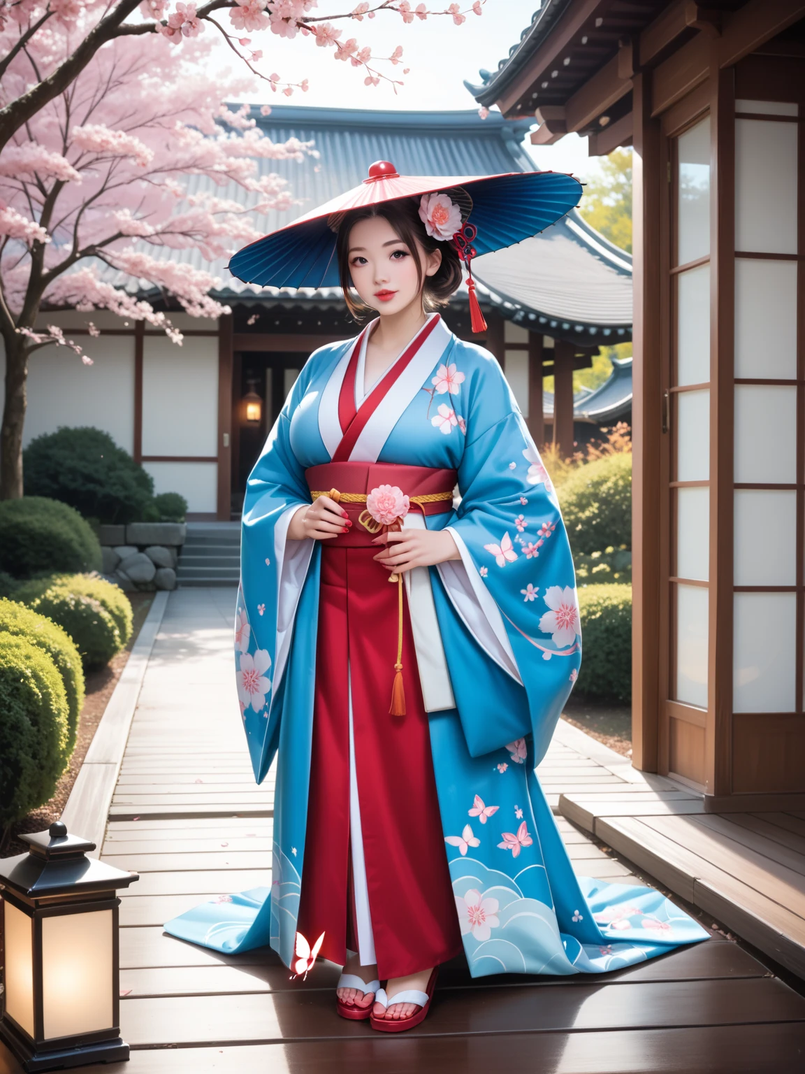 1 beautiful japanese shrine maiden in a japanese garden,extremely detailed face and eyes,extremely detailed skin,large breasts,looking at viewer,traditional japanese clothing,kimono,dark lighting,mystical,cinematic,photographic,hyper realistic,4k,high quality