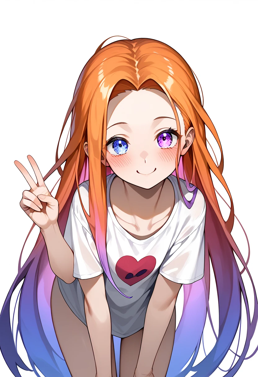 Masterpiece, Anime, 1girl, ZoeLoLXL, mature, purple eyes, (blue eye), heterochromia, orange hair, multicolored hair, gradient hair, purple hair, very long hair, forehead, small breasts, white shirt, oversized shirt, smile, blush, cute, full frame, leaning forward, hand on thigh, (peace sign), thighs, looking at viewer, leaning, white background, simple background, score_9, score_8_up, score_7_up, unaestheticXL_bp5