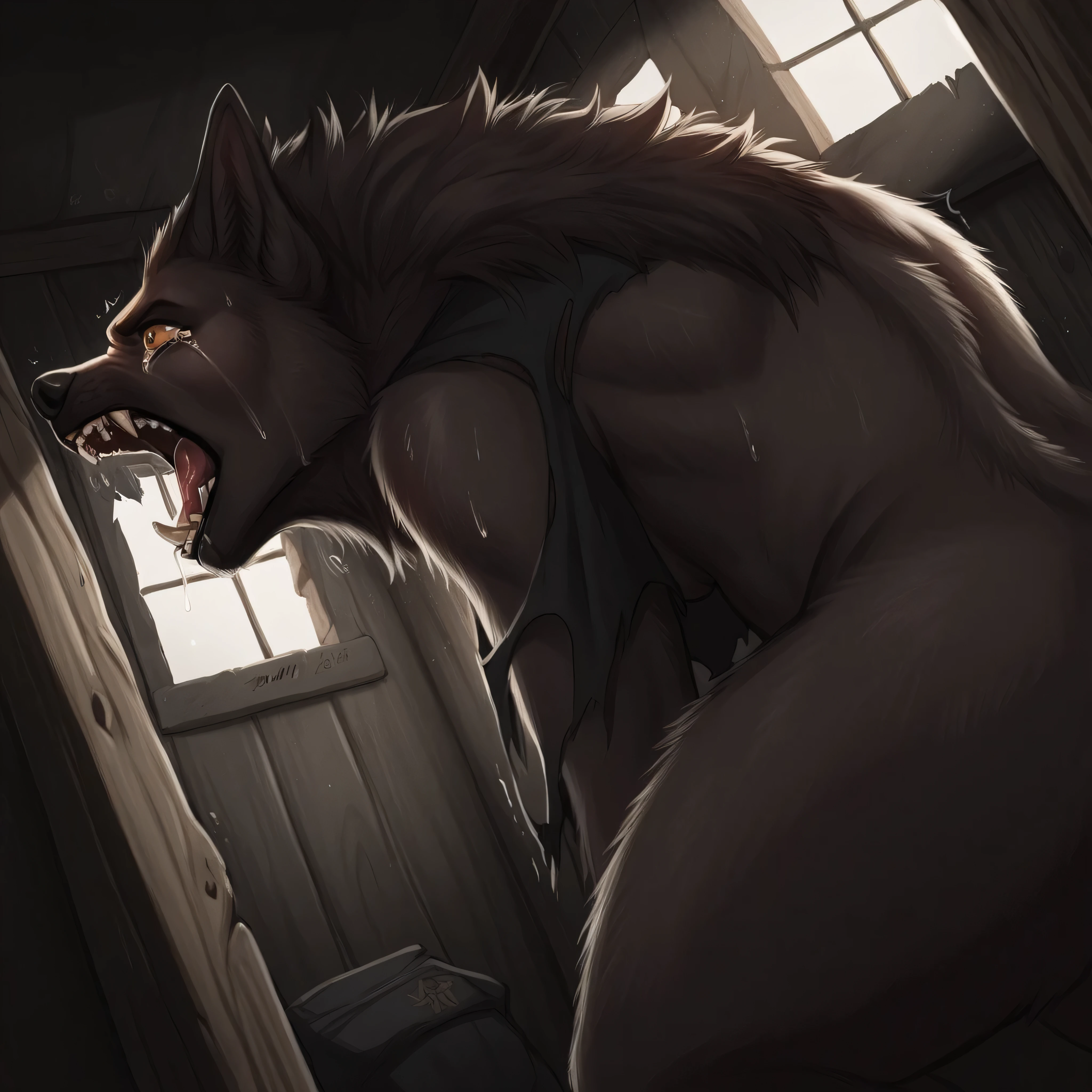 Low Angle Shot, Extreme Close-Up, portrait, Werewolf transformation, human, [werewolf: human:0.7], [arms: paws:0.7], fangs:0.8, female, [red human skin: fur: 0.5], [human face: snout:0.5], wolf nose, detailed fur, gradual fur, spread, shaking:1.1, crying, sweating, drooling:1.2, in pain:0.8, scared:0.8, confused:0.8, torn clothes:1.1, thick fingers through, deep night, darkness, WC, cabin, graffiti, scraps around, clothes scraps, (illustration, masterpiece, fantasy, deep shades, ultra detailed)