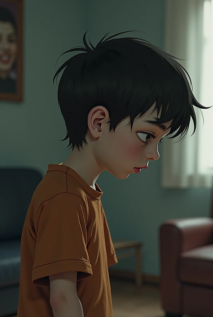 A beautiful and very sad boy, thirteen years old,  overwhelmed by grief, with beautiful face, European traits, light eyes, the broken heart, without illusions, and with a lot of feeling, In his bedroom, sitting in an armchair.