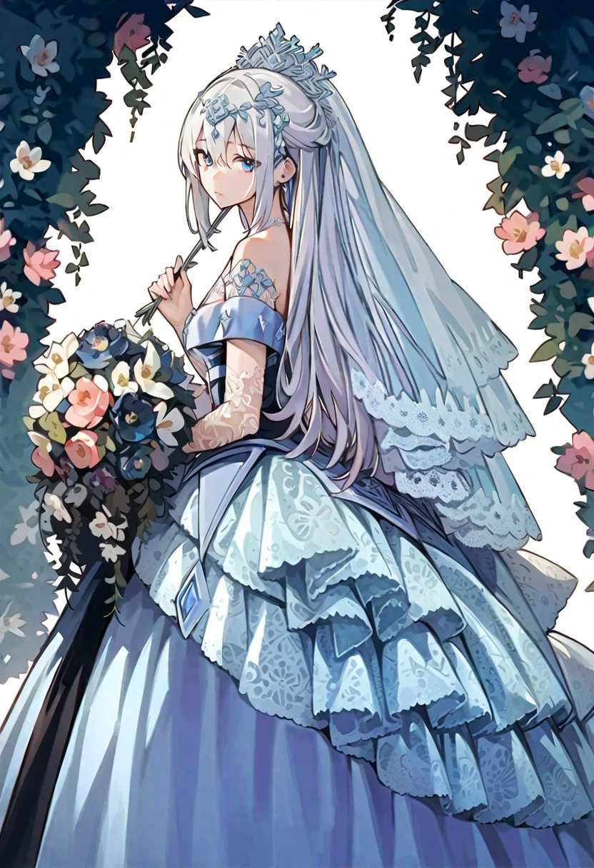  (((Best quality))), ((Ultra-detailed)), ((illustration)), ((frilld)), (1 girl),(Solo),1girl, wedding, wedding_dress, white hair, blue eyes, long hair,