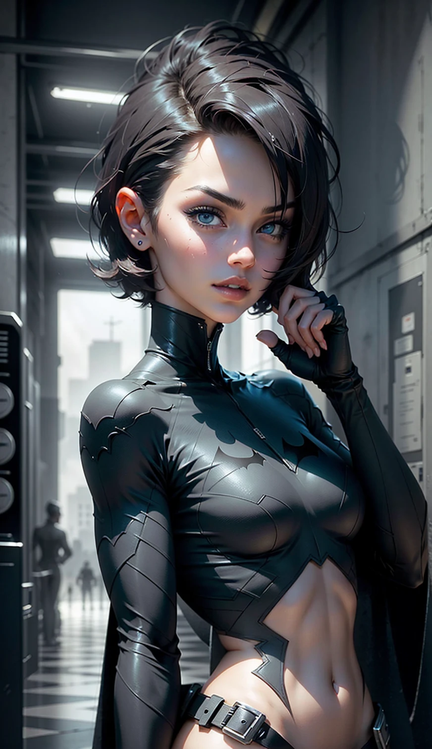 Portrait, Masterpiece, Excellent, 1girl, solo, complex details, color diffusion, close-up, pale female, Asian female, female giant, athletic female, strong thighs, black hair, dark hair, blue eyes, combat attire, alluring attire, epic, martial artist, Sci-Fi, Fantasy