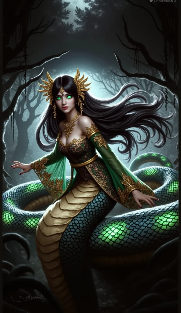 ((highest quality、masterpiece、8k、Realistic、超High resolution:1.3、Very delicate and beautiful、High resolution))、Cinema Lighting、medium range shooting、Portraiture、Perfect female body、Opposition、Looking at the audience、((Medusa from Another World、(Snake hair:1.6)、Reptile Eyes、Ruthless smile、Petrifying gaze、scaly skin))、Emerald decoration、Sharp Fangs、Eyes shining in the dark、Ancient curses、Mysterious Aura、Cave of Darkness、Statue of the Victim、Silver bracelet、Poison Claws、Black Robe、Night Forest、Cold wind、Dark Shadows、Sharp Claws、Gemstone Necklace、coiled snake、Wicked Charm、cause fear、Magical Power、Ancient mythology、Hidden Cave、Stone statue、A Legend、Otherworldly background、Eternal Curse、Golden Eyes。