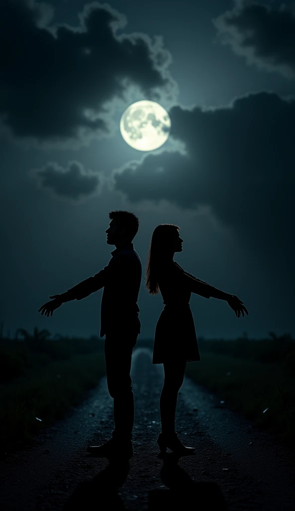 A couple hugging and walking on a road under the moonlight dark black and white theme