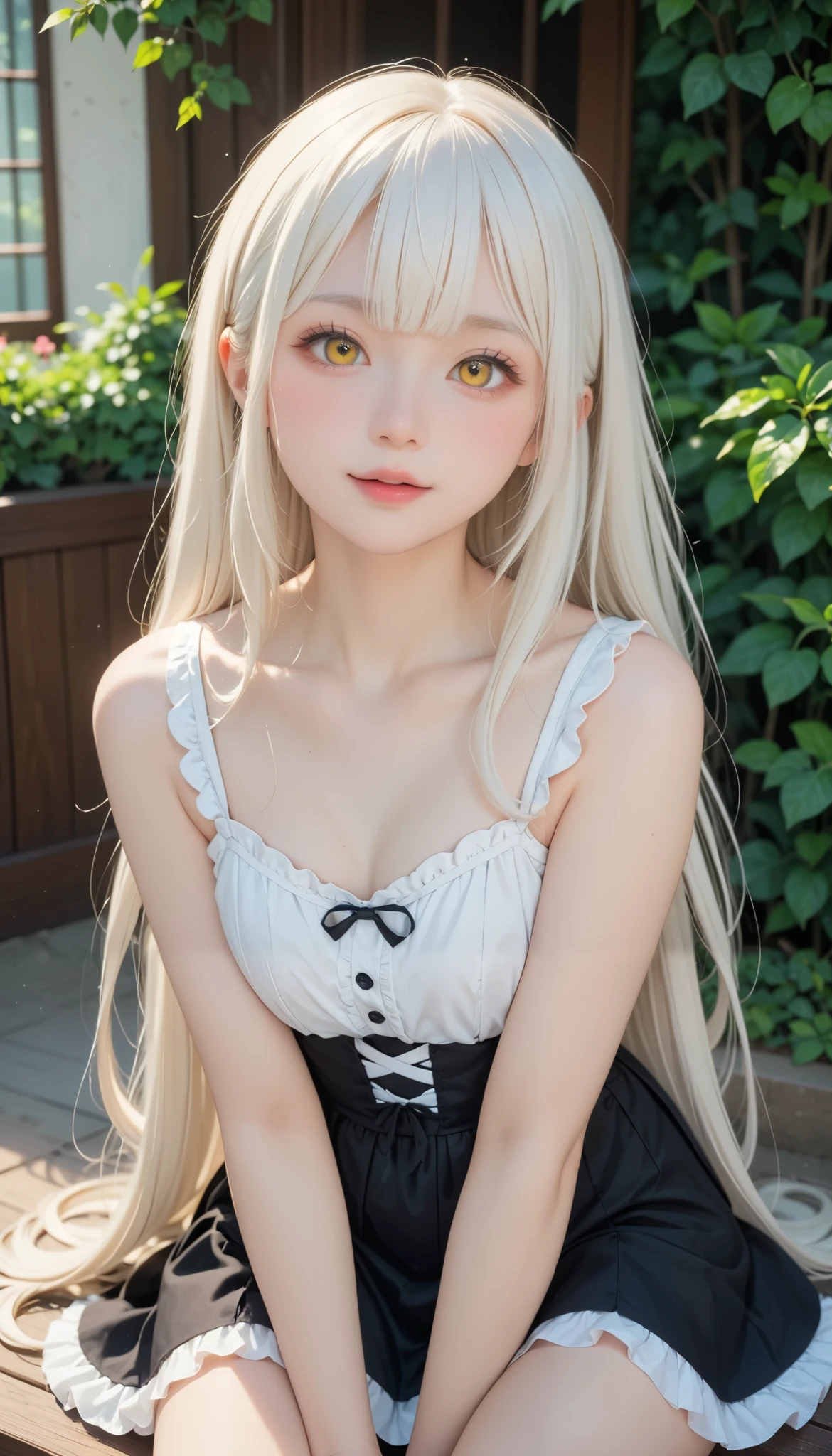    bright color:1.7、     Loss of Pastel Color    :1.7、(   top quality  、Masterpiece、      very detailed、      one girl   、((非常に    cute face)) , ((     long hair )),   long white hair  ,       Very Long Straight Hair  , Short bangs, Albino white skin,  yellow eye  ,    True Female Feel   ,     cute face、 Silky Short Blonde 、 Knee、      gothic fashion  、      very detailed目、    cute face、   bright color:1.7、     Loss of Pastel Color    :1.7