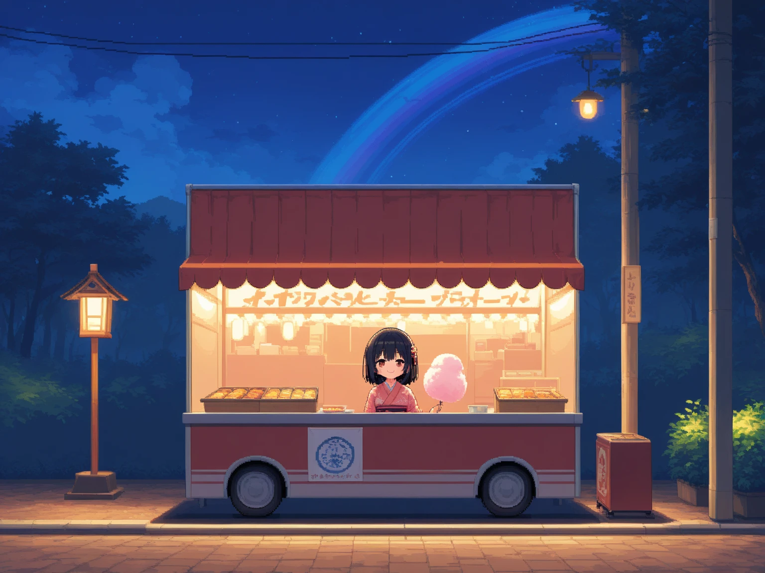 (masterpiece:1.3, highres:1.3, top quality, pixel art), Outdoor, night, fair:1.3, food cart:1.3, stall:1.3, huge Cotton candy, cloful, rainbow color, kimono, smile  8k wall paper:1.3