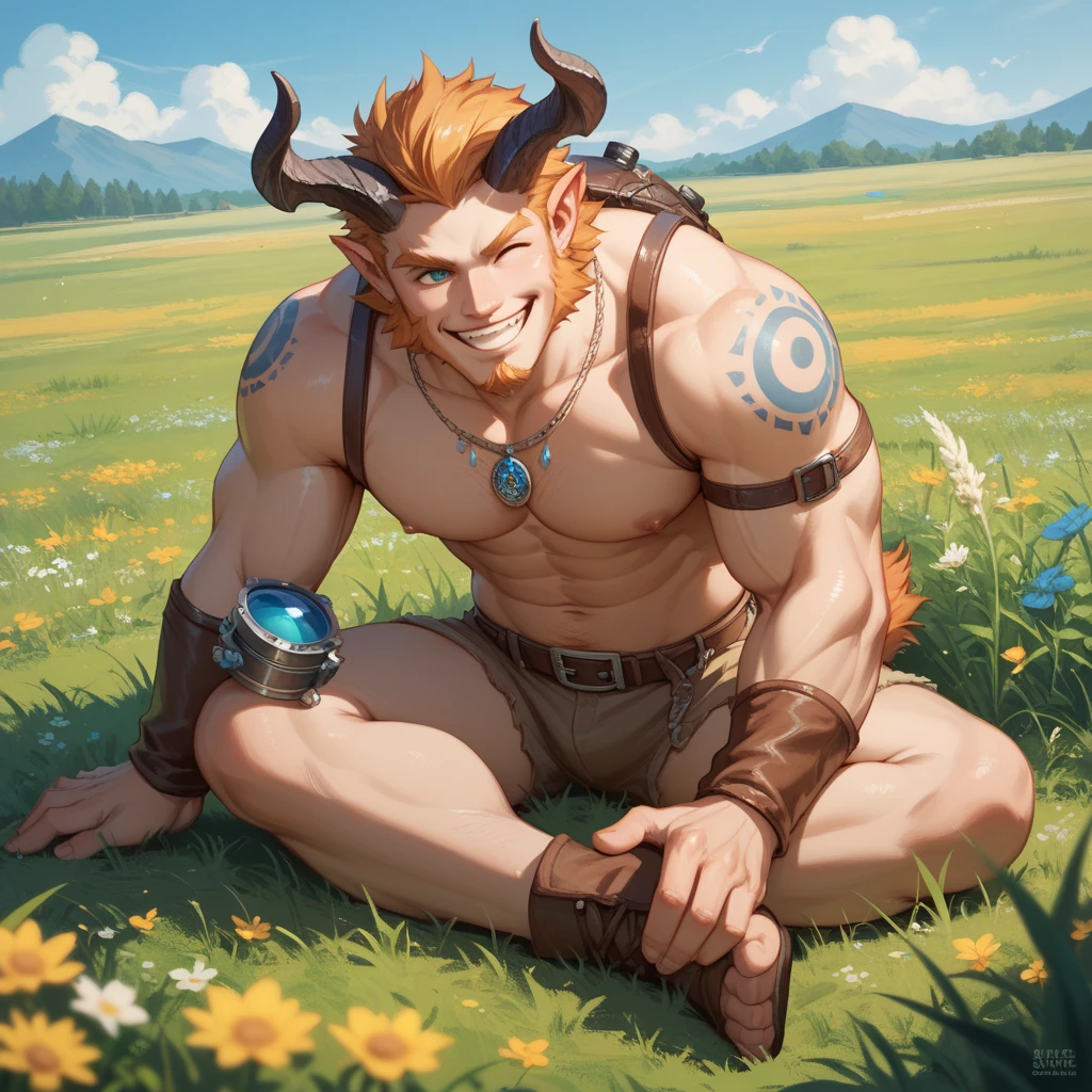 ultra-detailed, masterpiece, masterwork, high quality, best quality, hdr, posted on e621, (by hioshiru), (nature), nsfw, male, solo, (white little body minotaur), hairy dragon, (golden hair, yellow eyes, detailed eyes, white body), (nude, foreskin, balls), sitting, front view, dynamic angle