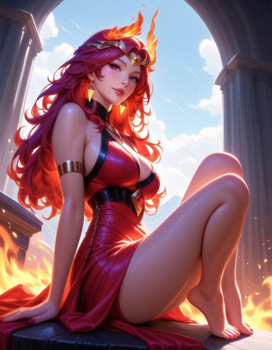 Sunsethuman, Sunset Shimmer, Sunset Shimmer from my little pony, Sunset Shimmer in the form of a girl, medium breasts, lush breasts, voluminous breasts, firm breasts, five fingers, detailed hands, two tones of hair, red and yellow hair, happy face, blush, sweat, wet with sweat, bare feet, full-length, naked, golden bikini, oriental outfit, belly dance, rich palace, throne, throne room, dances, transparent silk silk, (clear clothing, transparent cloth, see-through material), (((cameltoe))), (red hair, freckles, huge breasts, nearly naked), blend of Natalie Dormer and Gal Gadot, detailed castle background, 20 yo,