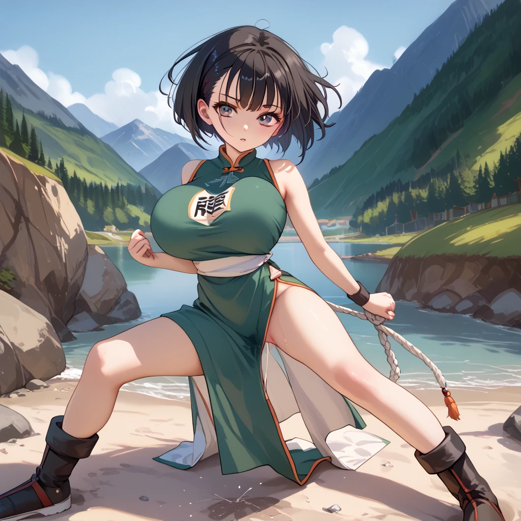 landscape, mountain, BREAK, skinny, 1 petite girl standing, fighter_dq3, (bouncing large breasts), (open legs), looking at viewer, BREAK, black short hair, (large breasts), bursting breasts, (too short torso), (too short waist), (too narrow waist:1.2), skinny legs, (very long legs), BREAK, green chinese dress, bared long legs, bottomless, slit, BREAK, nsfw, pussy juice