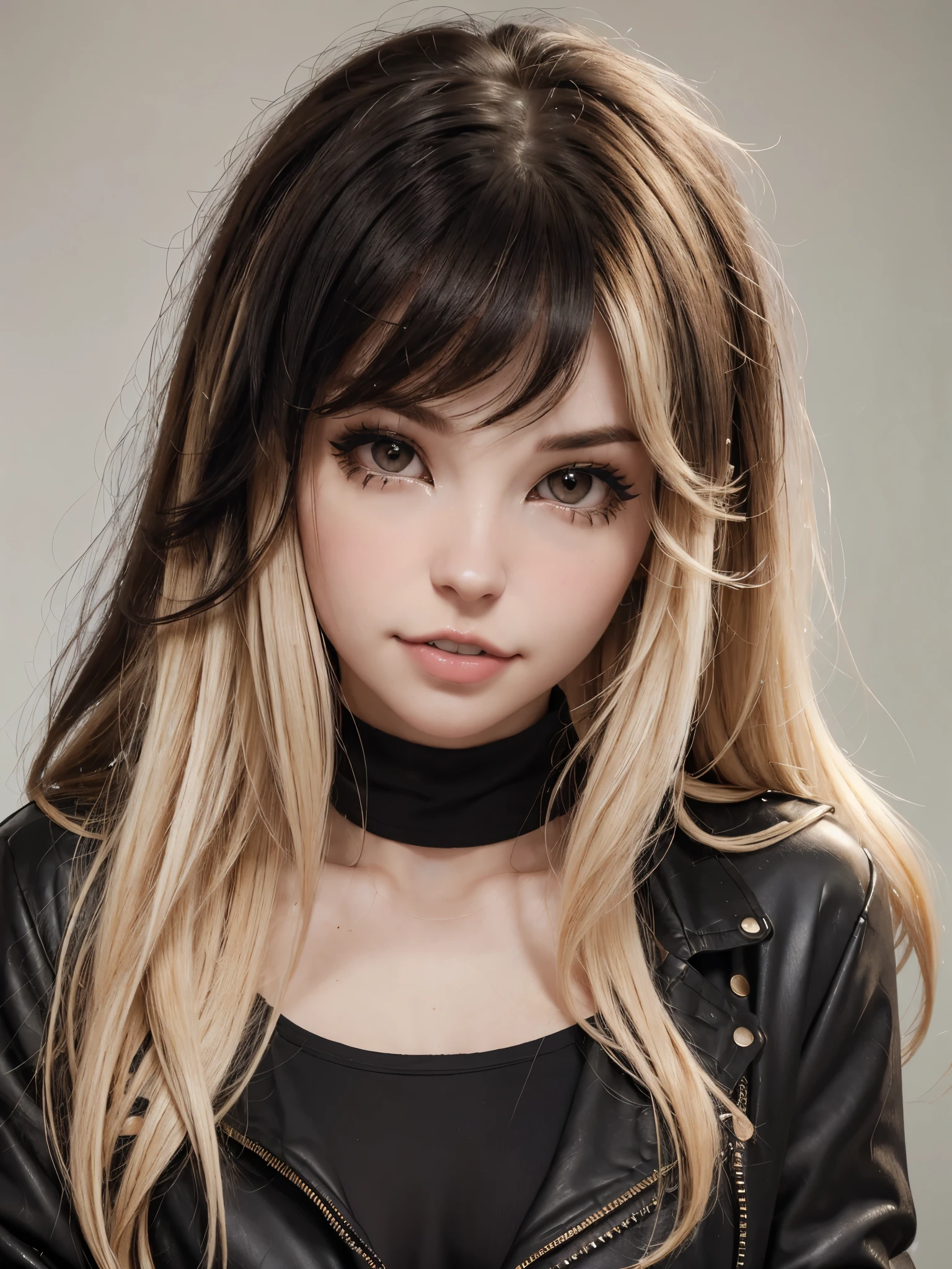 (best quality), 1girl, female, pale skin, (black hair), blonde ombre, medium hair, messy hair, messy bangs, hair over eyes, (brown eyes), perfect eyes, dark circles under eyes, skinny body, scowl, goth girl, oversized jacket, turtleneck, ripped jeans, flat chest, ish, masterpiece, anatomically correct, highres

