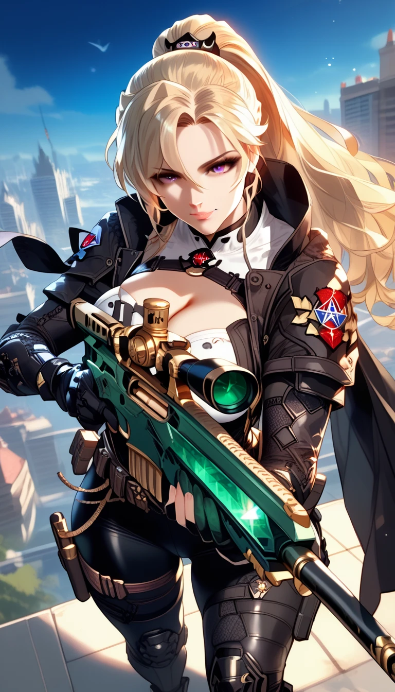 ultra-detailed, 1girl, solo, ((masterpiece)), (best quality), (highres), 16K, purple eyes, blonde hair, long hair, ponytail, assassin, wearing headgear, black bodysuit, thong, tactical belt, busty body, large breasts, showcasing cleavage, legs, hips, katana, (holding Sniper Rifle), looking at viewer, smile, detailed face, detailed hair, detailed whole body, standing on rooftop, night background